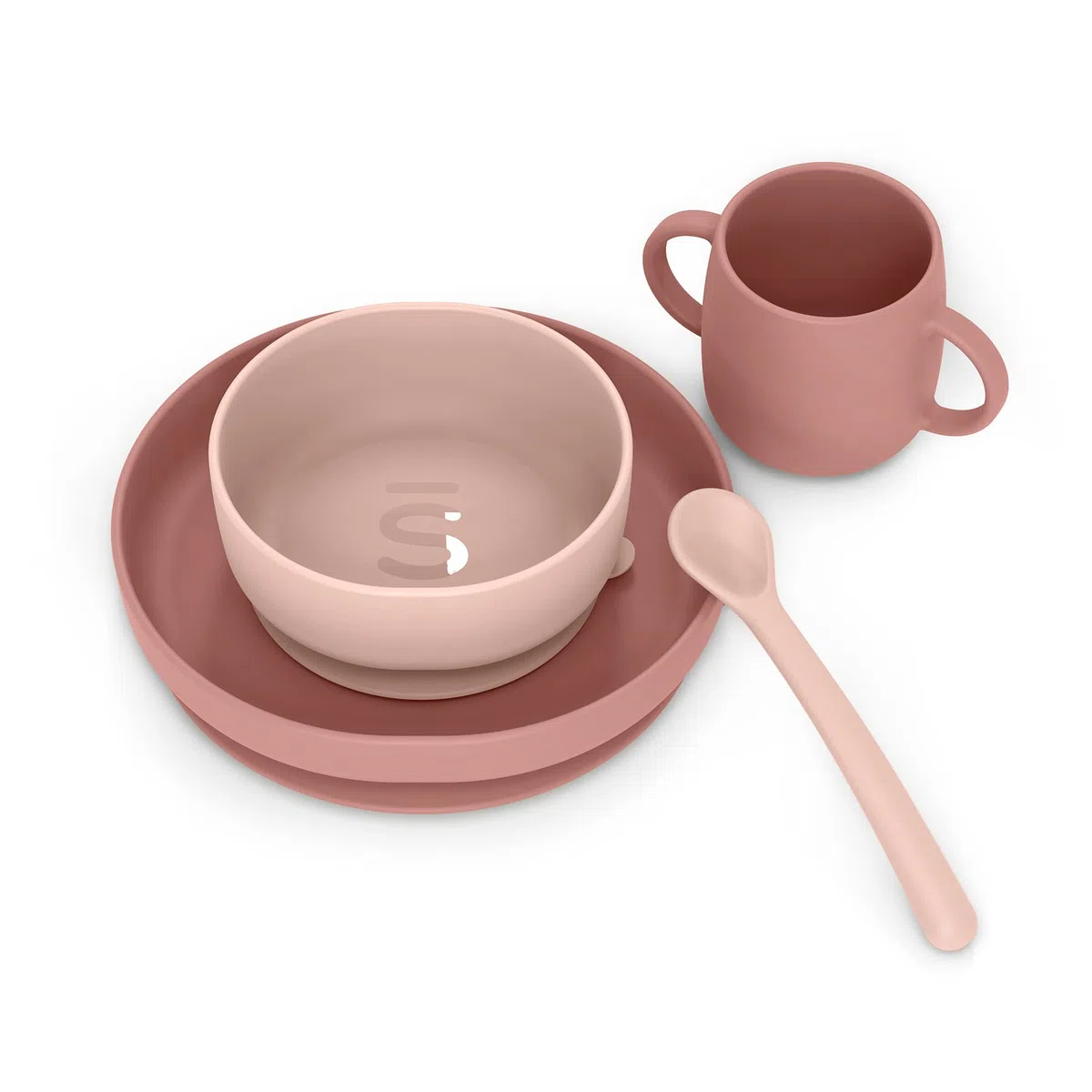 Suavinex, Stoviglie per Bambini in Silicone, con Ventosa Resistente. Include: Ciotola da 350 ml + Piatto da 400 ml + Tazza da 240 ml + Cucchiaio, +4 Mesi. Colour Essence, Rosa
