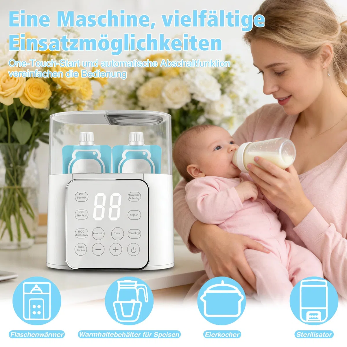 NCONCO Scaldabiberon portatile,Rapido 9-in-1 2 biberon con Sterilizzatore e Timer Scongelamento scaldapappe Controllo intelligente della temperatura e display LCD Senza BPA(Biancocrema)