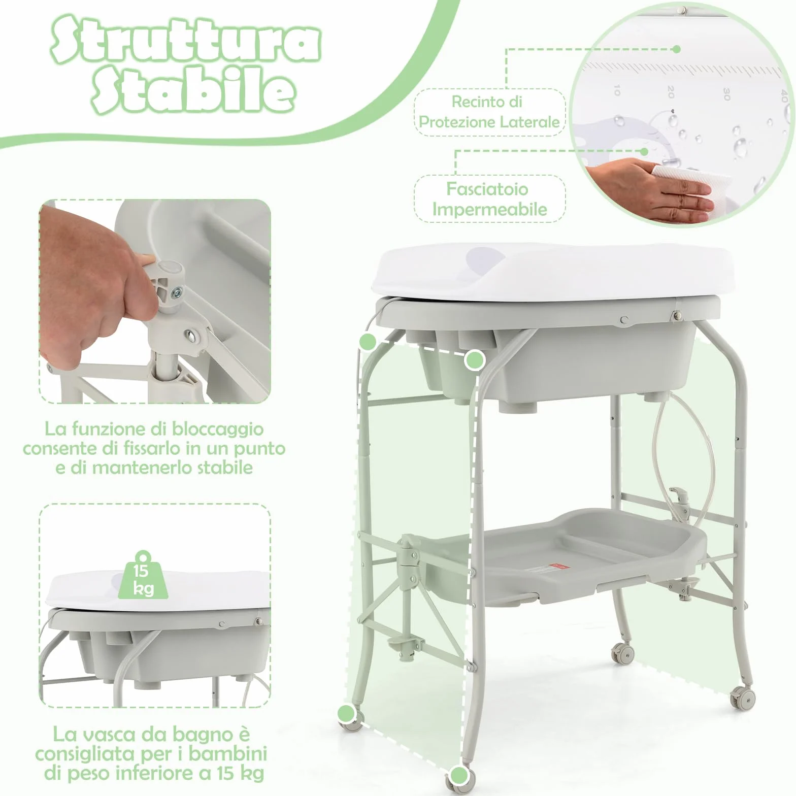 COSTWAY Fasciatoio con Vaschetta Bagnetto 2 in 1, Vasca da Bagno Pieghevole per Bambini, Grigio Chiaro
