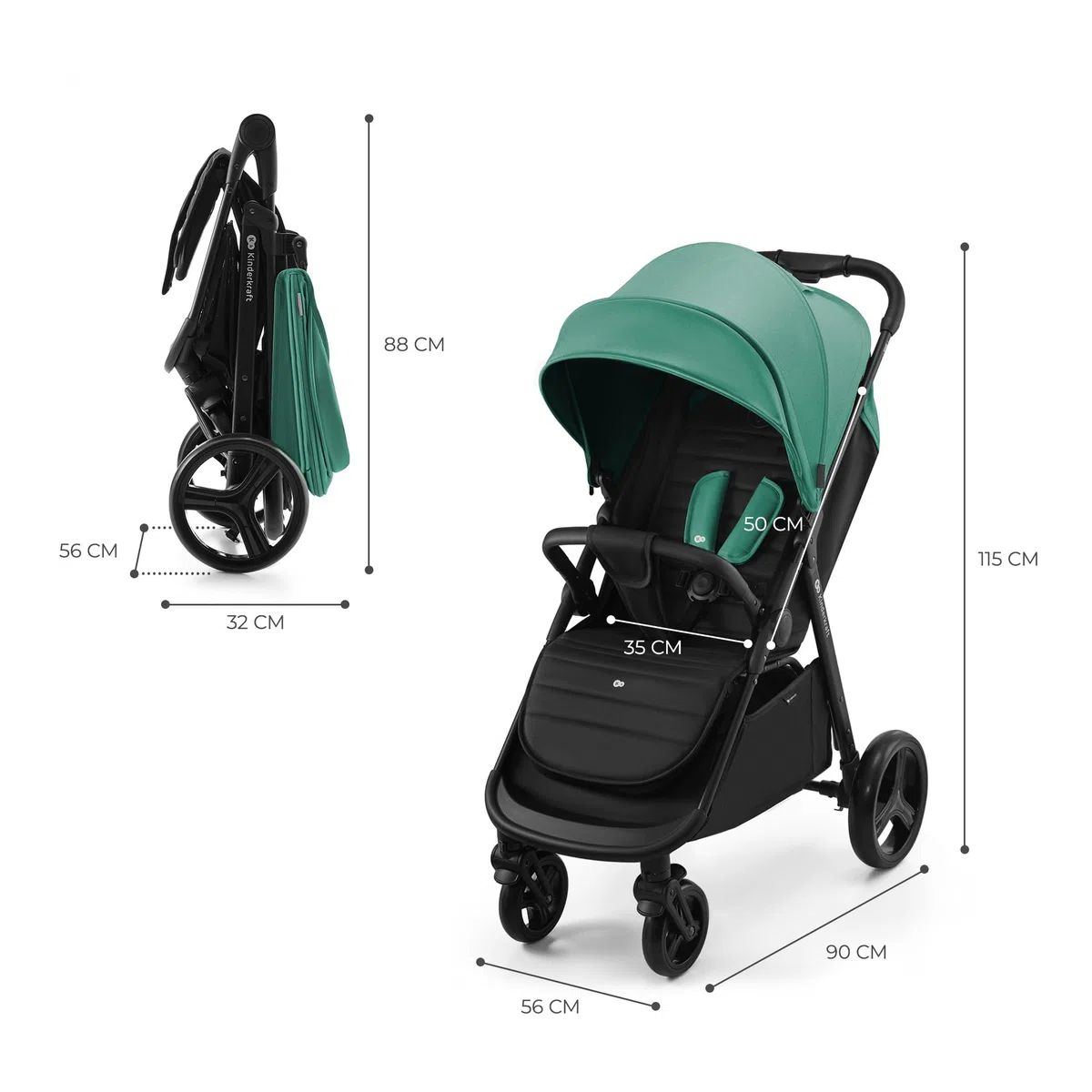 Kinderkraft RINE Passeggino leggero fino 22 kg, Chiusura con una mano, Capotta impermeabile con filtro UPF50+, Barra di sicurezza girevole, Portabicchiere, Verde