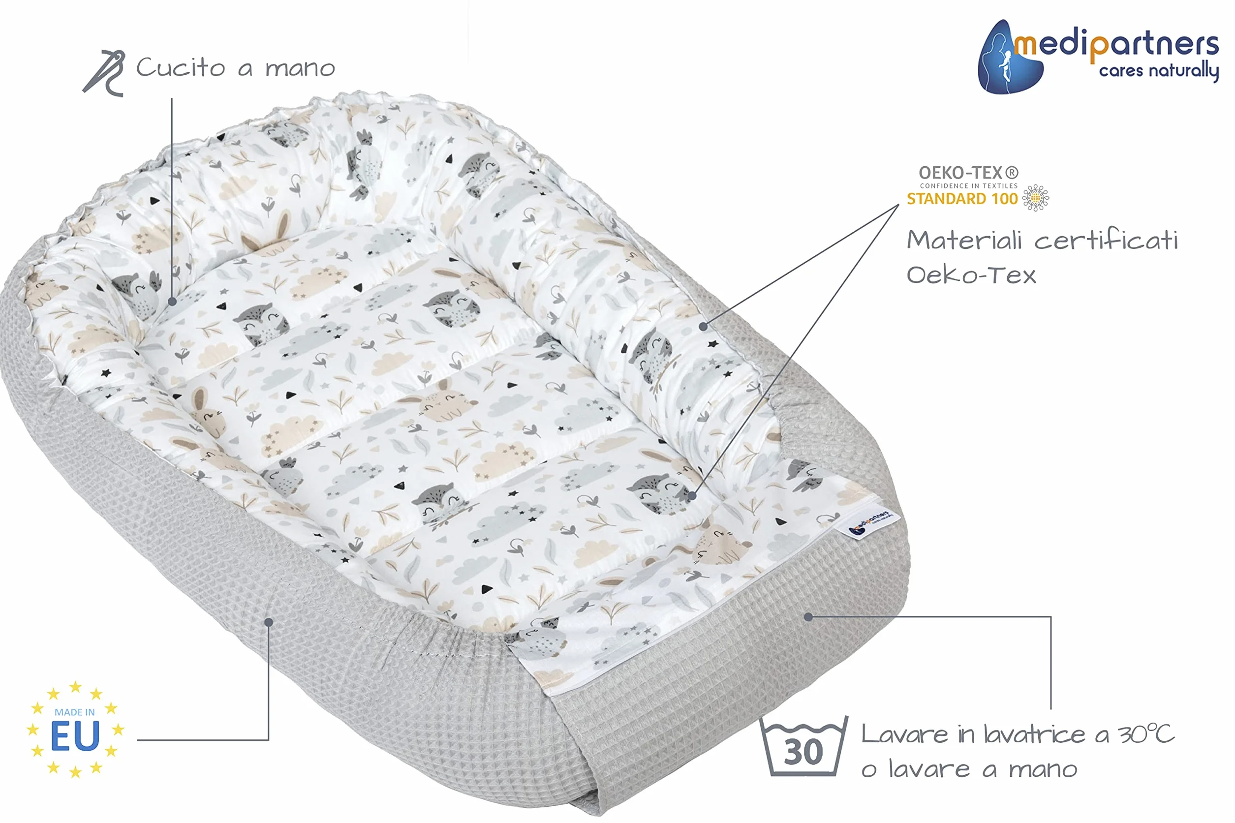 Medi Partners Riduttore Lettino Neonato 100x60x15 Nido Antisoffoco Cuscino 100% Cotone Waffle