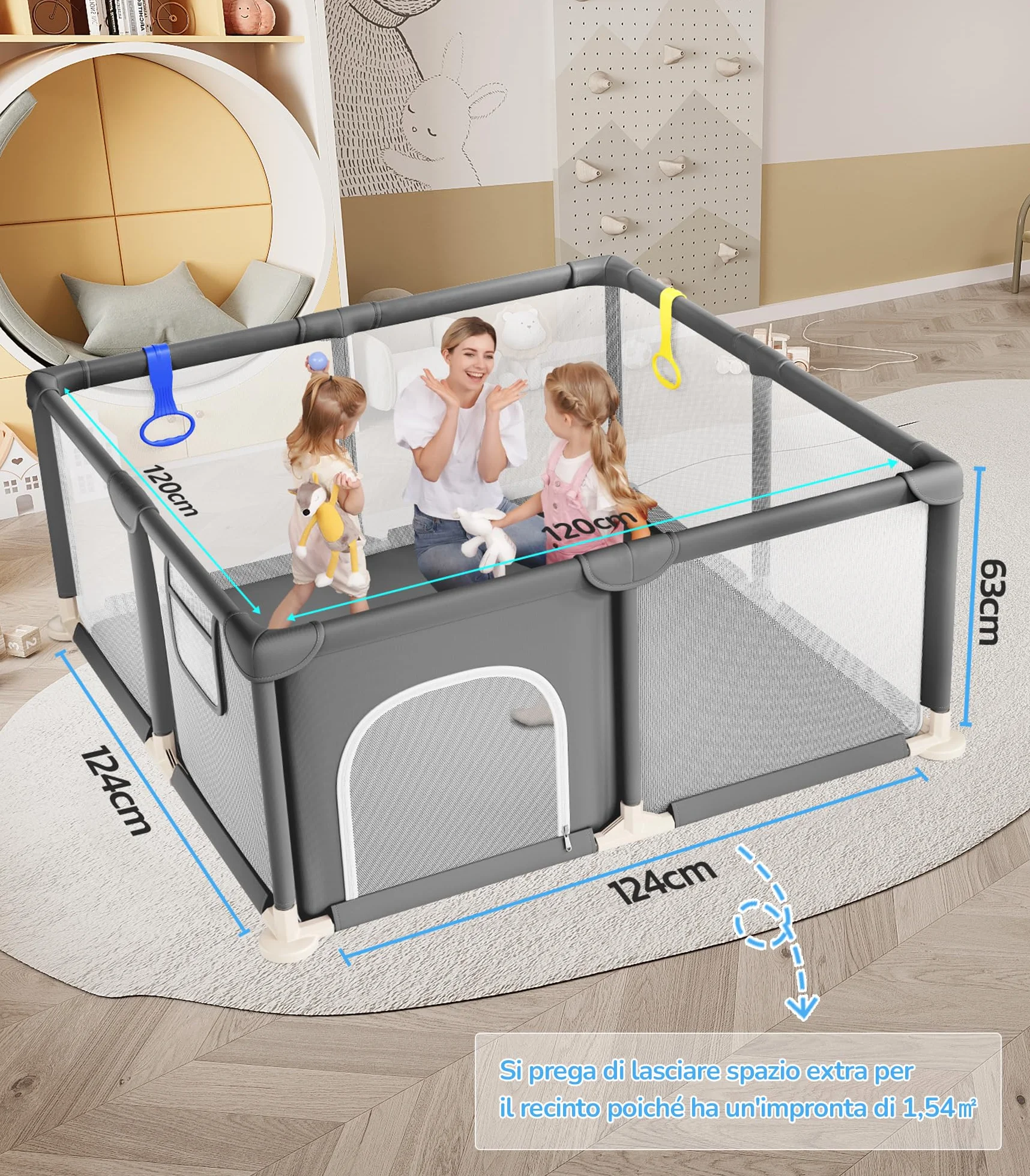 Dripex Box per Bambini Recinto Neonato 124 x 124 cm Rete Traspirante Tessuto Oxford 210D Grigio Scuro