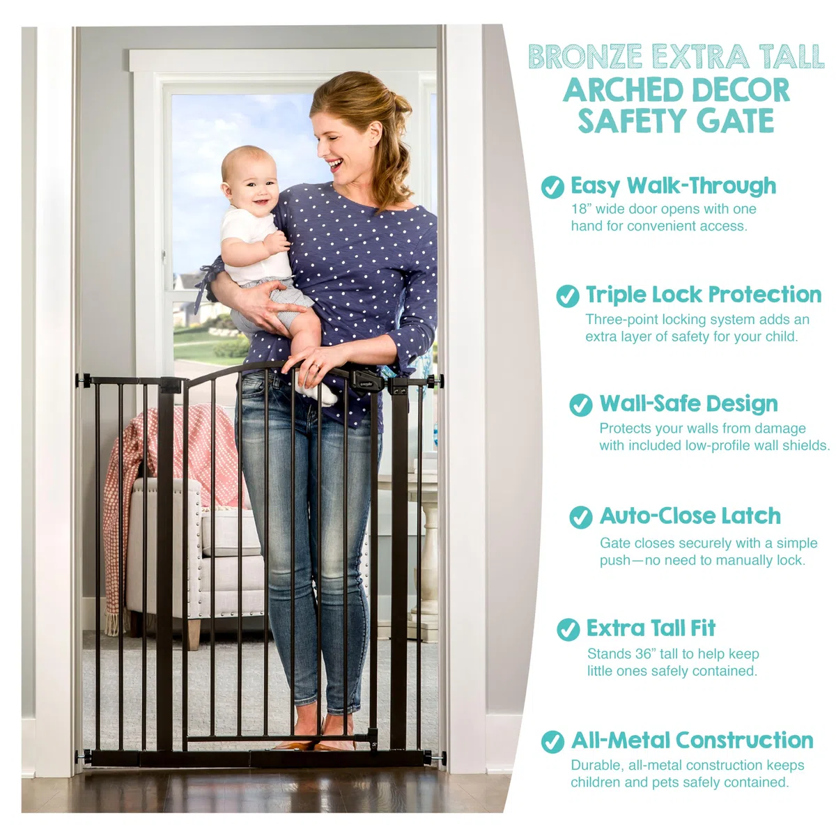Regalo Safety 91.4cm Extra Tall Arched Baby Gate for Doorways & Bottom of Stairs, Fits Openings 75-87cm (Extension Included), Pressure Mounted for Babies, Toddlers & Pets, Bronze