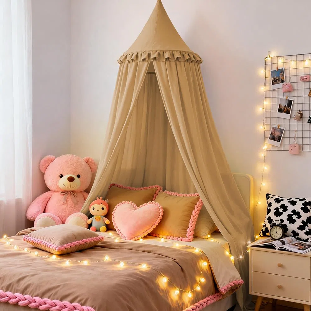 HOTUT Baldacchino per Letto Bambini con Volant,Tenda Sospesa per Culla,Tenda Zanzariera Cupola Rotonda Baldacchino per Decorazione Lettino Culla Bambini Cameretta Camera da Letto Lettura(Torrone)