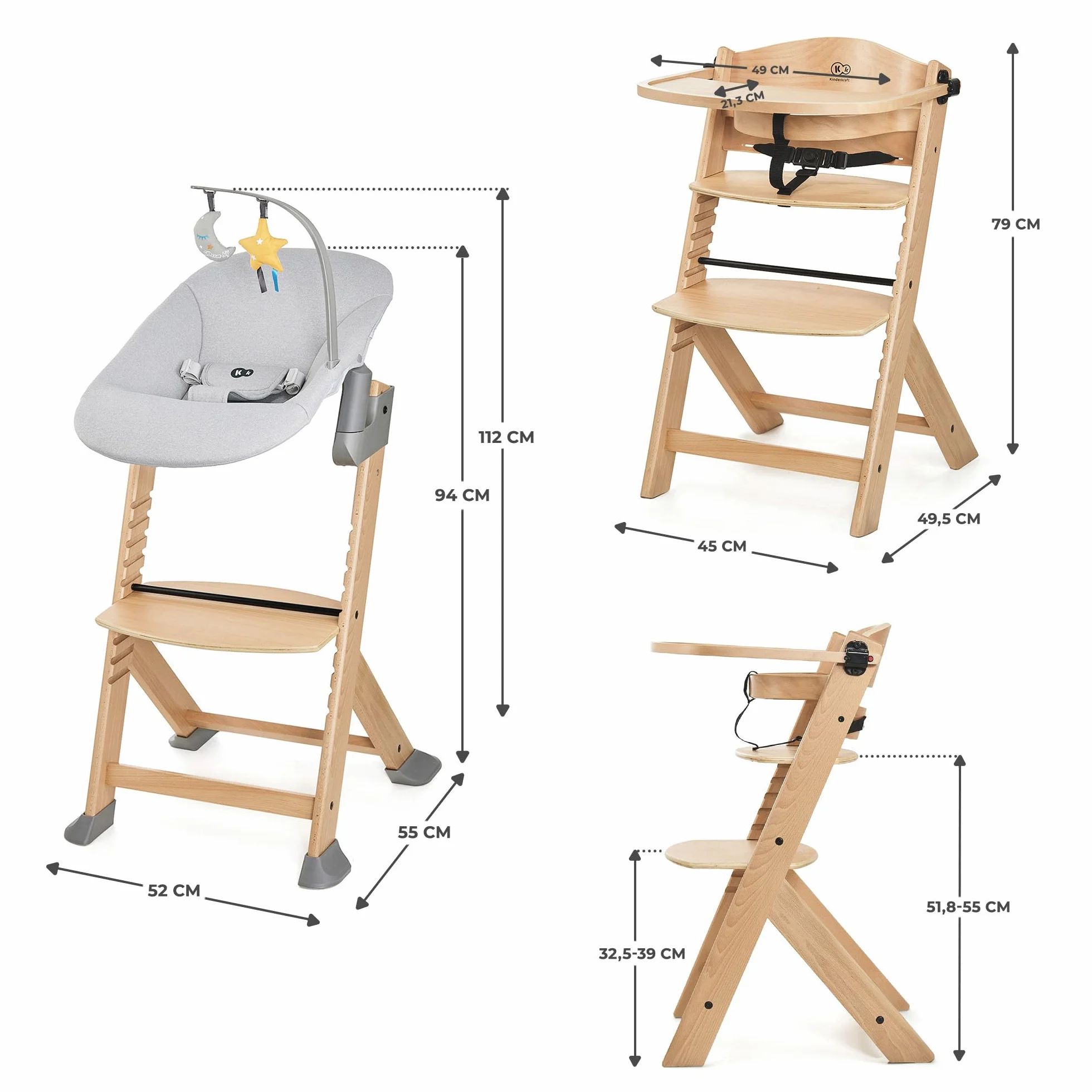Kinderkraft ENOCK Seggiolone Pappa + Sdraietta CALMEE Legno Evolutivo Multifunzionale Sedia Ergonomica Altezza Regolabile 6 Mesi 10 Anni