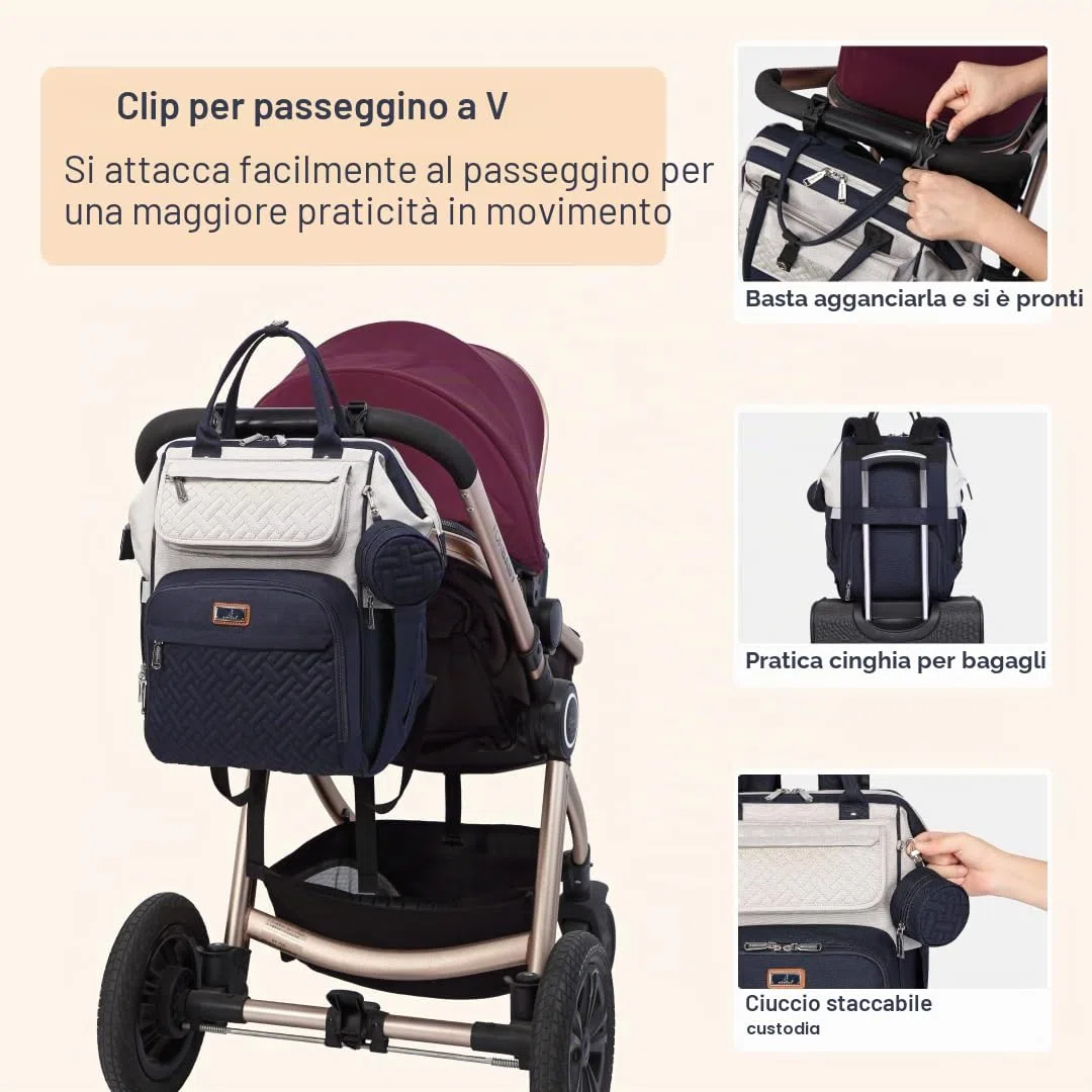 BabbleRoo Zaino-Borsa Fasciatoio, Grande Borsa Fasciatoio Da Viaggio Per Mamma E Papà, Zaino Per Pannolini Con Fasciatoio, Borsa Cambio Con Cinghie Per Passeggino E Porta Ciuccio,