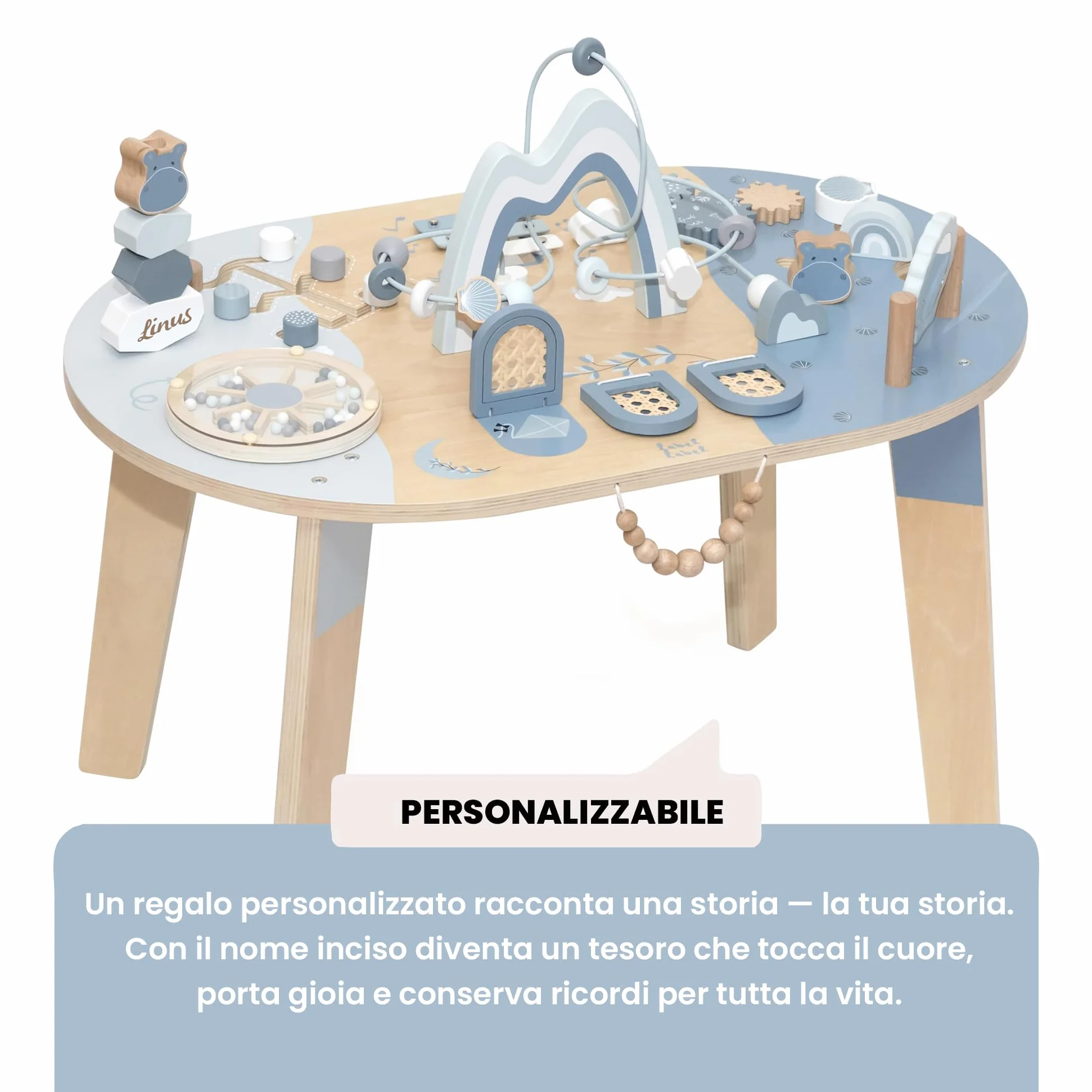 Label Label Personalizzato Tavolo attività in Legno Blu – stimola la motricità fine & Gioco sensoriale per Bambini dai 24 Mesi