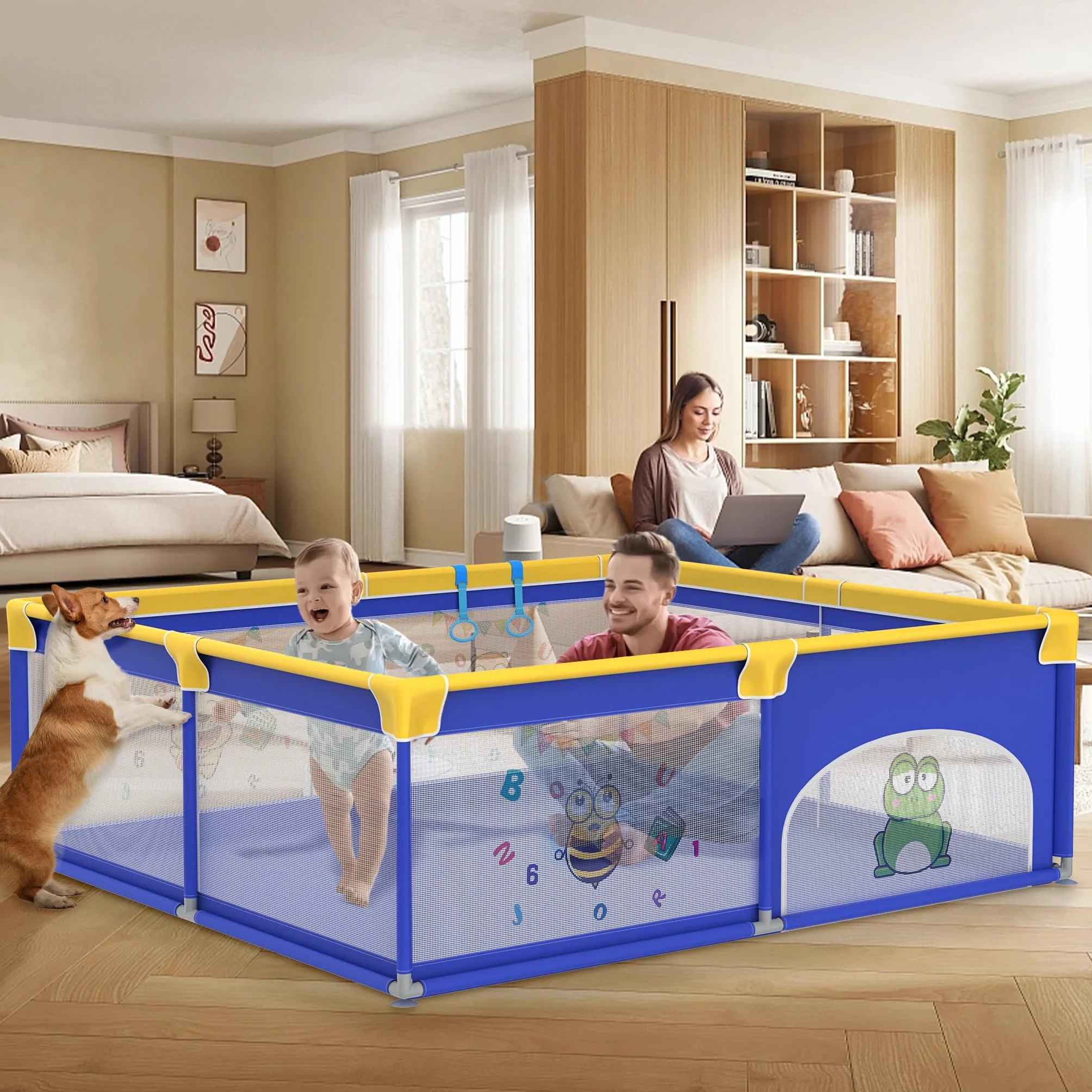 Aufun Box per Bambini, Tela 300D Oxford, con Schiuma Anti-Collisione, Griglia di Blocco, Rete Traspirante, Cerniera (Blu, 180x200x68 cm)
