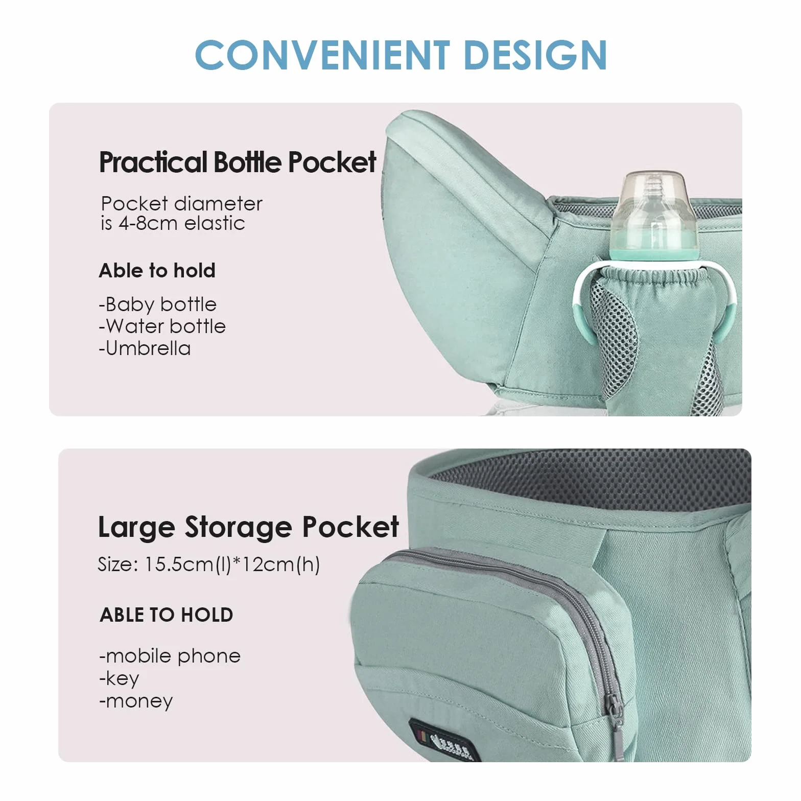 SONARIN Hipseat Marsupio,Ergonomico Neonati Marsupio Supporto del Sedile Portantina Bebè Seggiolino Puro Cotone con Cintura di Sicurezza & Tracolla Singola Multi Posizioni per Bambino(Verde)