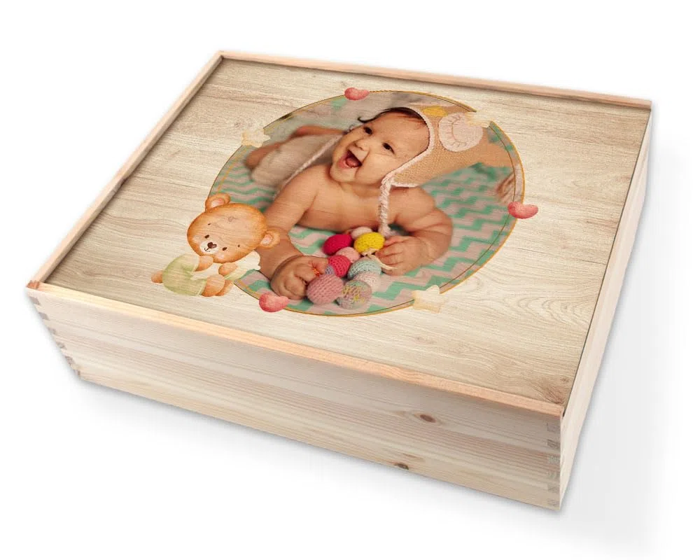 Memory Box Baby Scatola di Legno Personalizzata 36 x 27 x 10 cm Vari Motivi per Nascita e Battesimo Scatola Regalo di Grandi Dimensioni con Coperchio personalizzato (Personalizzata nascita/bambini)