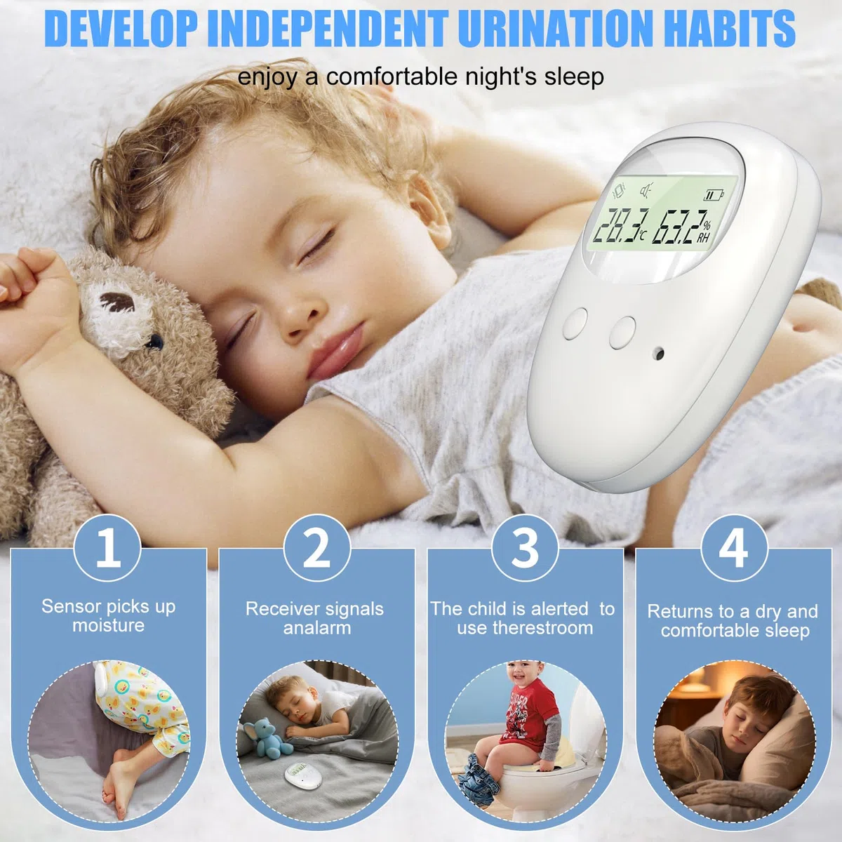Allarme senza fili per bagnarsi sul letto, ricaricabile, ricarica wireless, ricarica USB-C, 3 modalità di lavoro, allenamento vasino con rumore e vibrazioni, allarme pee per bambini e adulti
