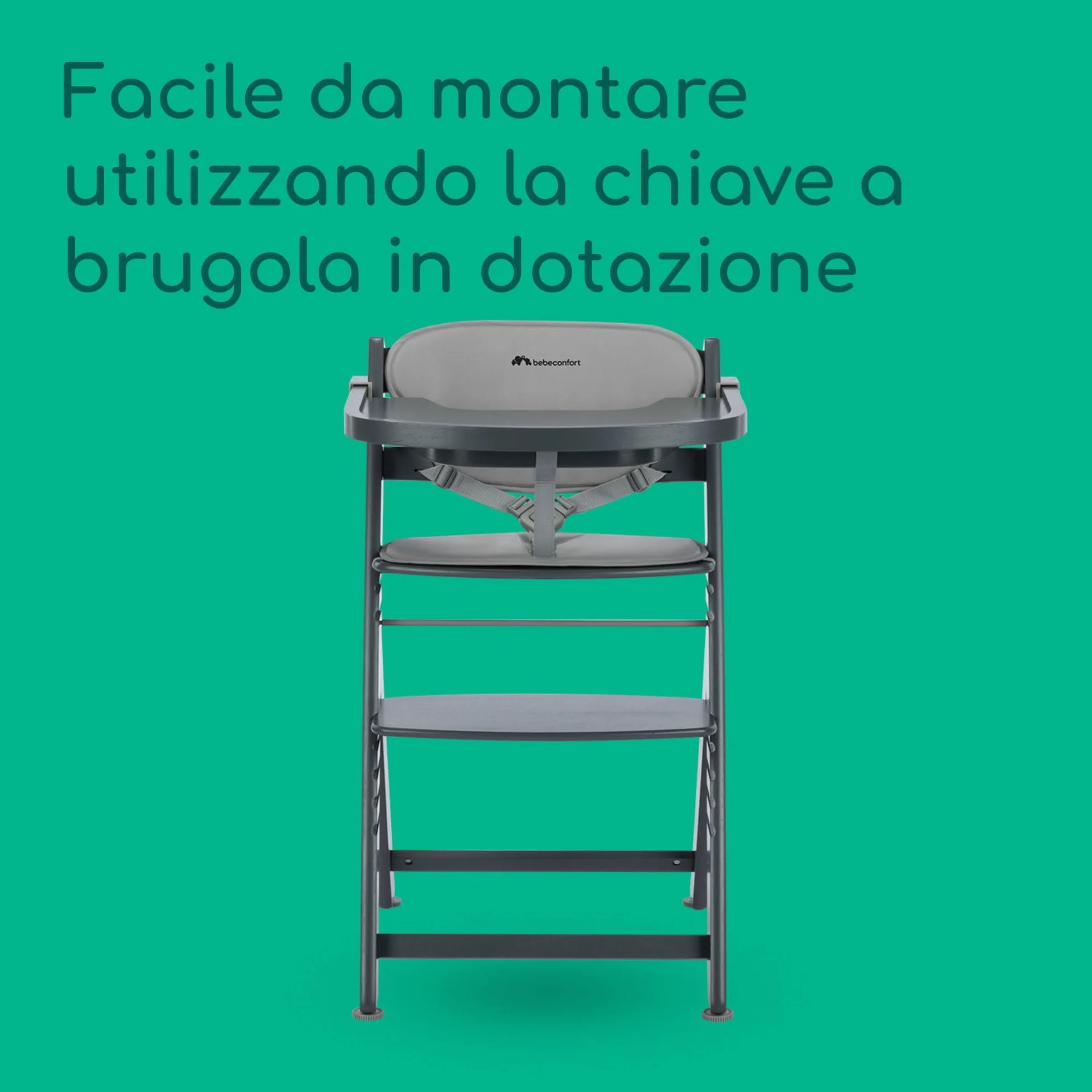 Bebeconfort Timba 2 Seggiolone Pappa Evolutivo in Legno, 6+ Mesi, Fino a 110 kg, Regolabile in Altezza, Grey Mist