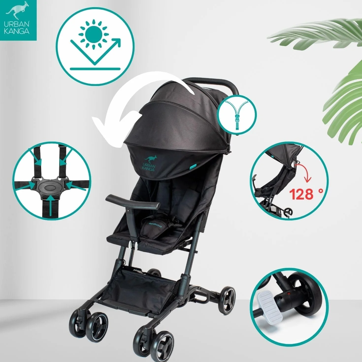Urban Kanga Bandicoot Passeggino da Viaggio Ultraleggero Pieghevole Compatto fino a 22 kg con Tracolla Copertura Protettiva Midnight Black