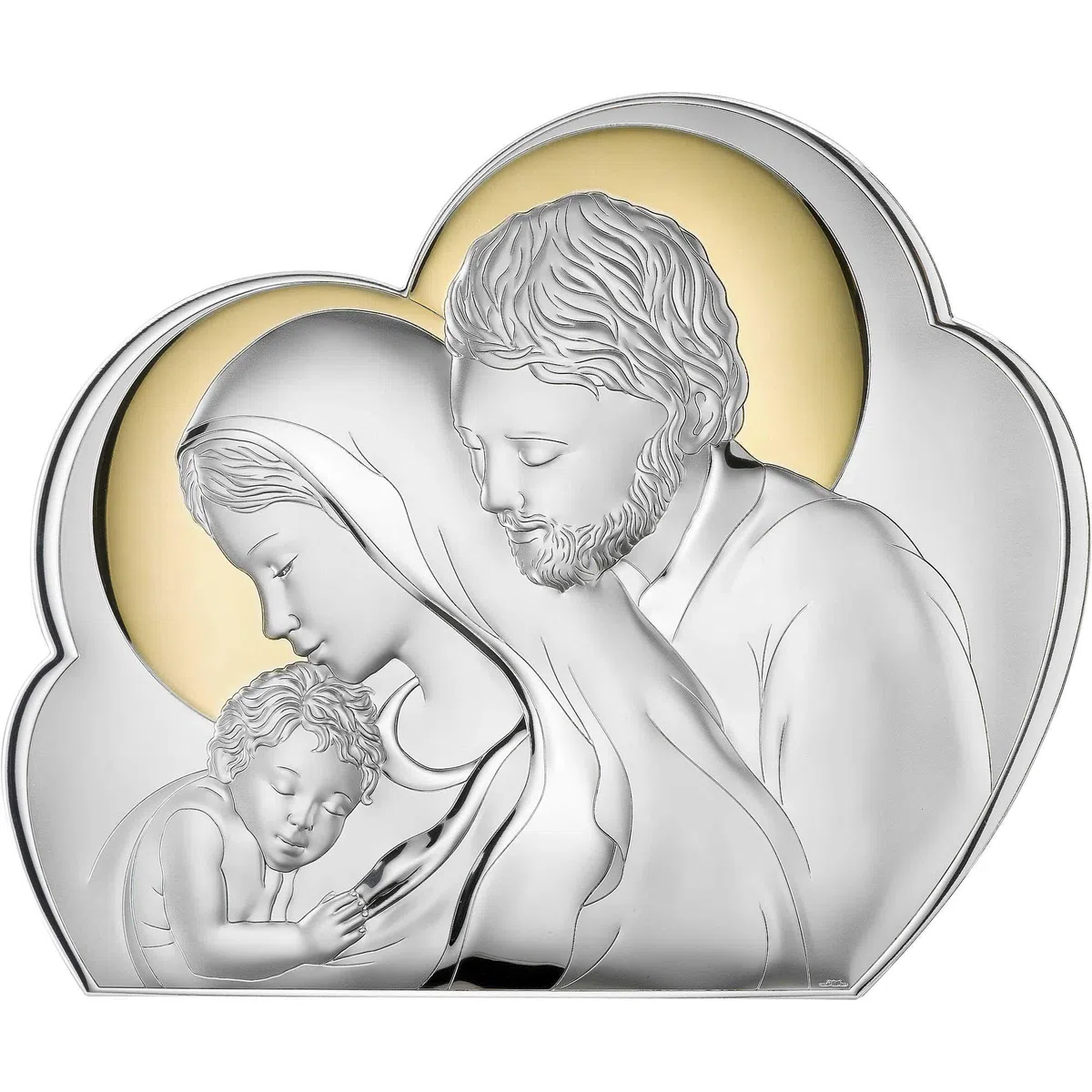Pannello di valenti. Pannello in argento laminato e oro, retro in legno, raffigurata la sacra famiglia. Le dimensioni sono 19x15 cm,5 cm. La referenza è 81245 4l
