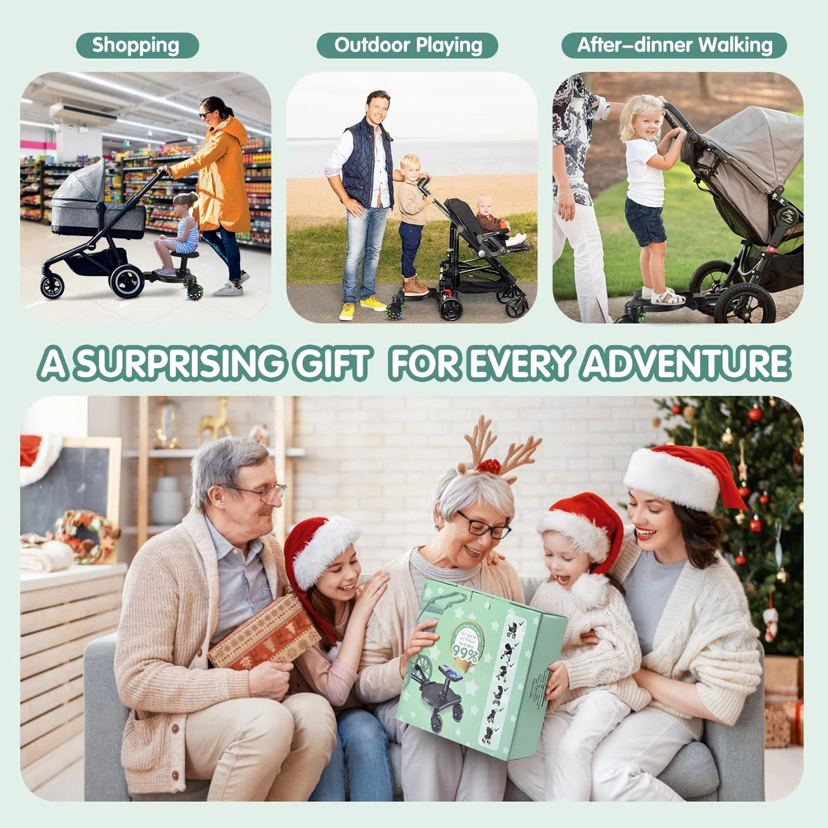 Pedana Passeggino Universale con Ruote a LED, Tavolette Portatili con Sellino per Passeggini Adatto al 99% dei passeggini, Accessorio per Passeggino per Bambini di 2-6 Anni 25 kg, Nero