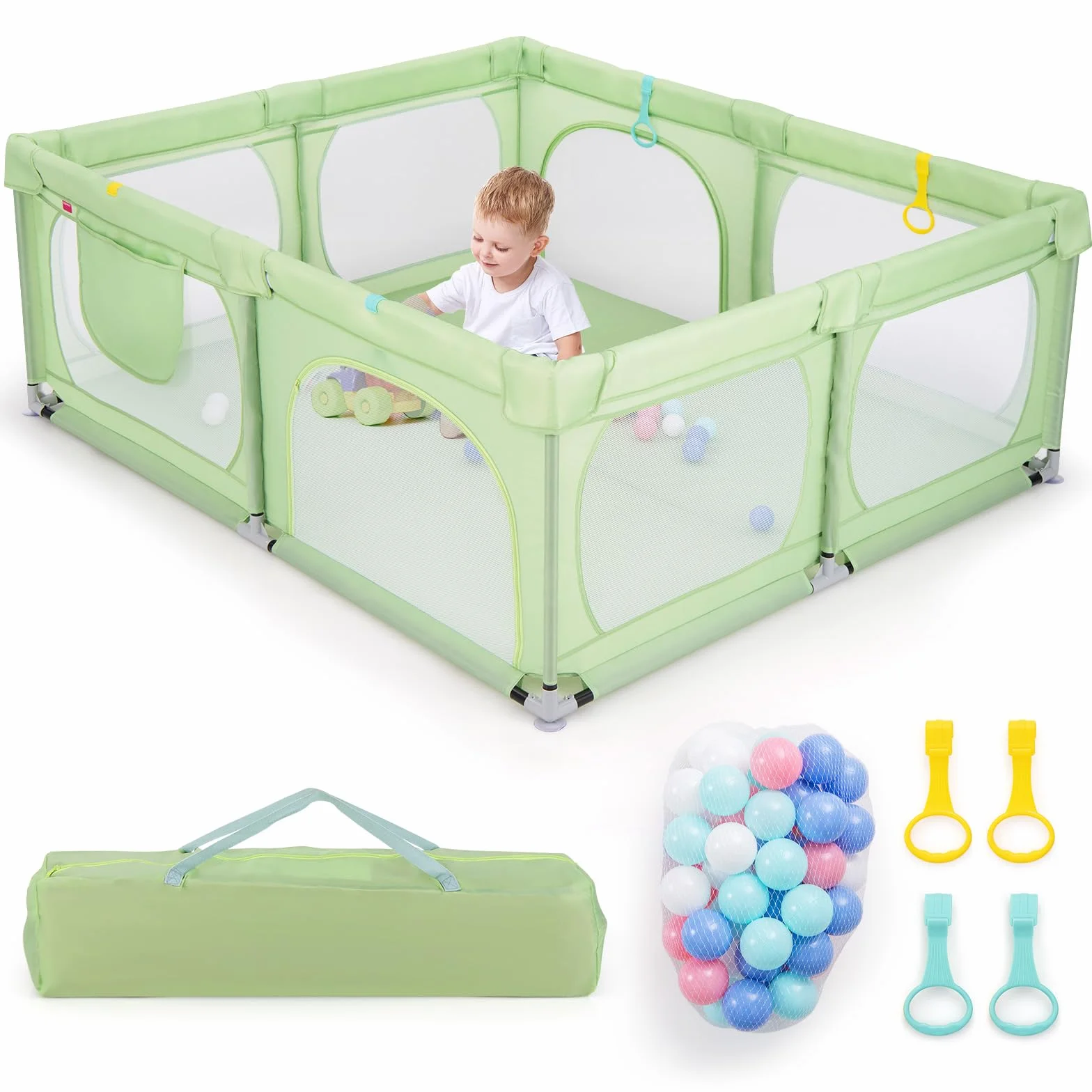 COSTWAY Recinto per Bambini, Box Pieghevole con Rete Traspirante, Centro Attività per Neonati con 50 Palline, Box Giochi per Bambini 0-3 Anni (Verde, 189 x 158 cm)