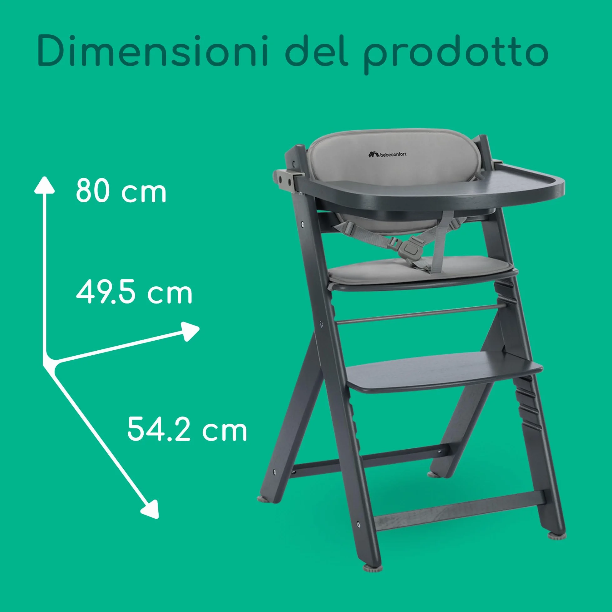 Bebeconfort Timba 2 Seggiolone Pappa Evolutivo in Legno, 6+ Mesi, Fino a 110 kg, Regolabile in Altezza, Grey Mist