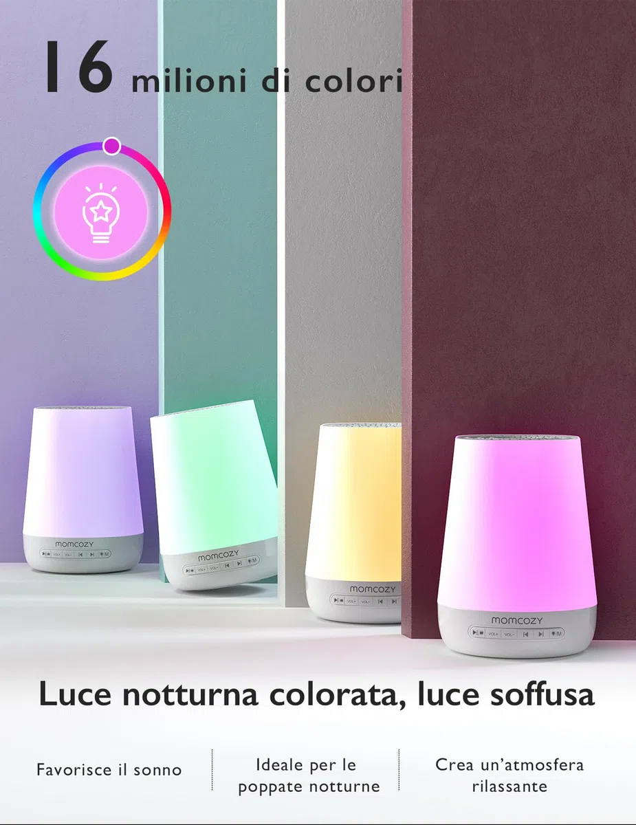 Momcozy Macchina del Rumore Bianco,Macchina del Suono per Bambino Adulto,34 Suoni Lenitivi,White Noise Machine Luce a 7 Colori,Macchina Rumore Bianco Telecomando APP, Funzione di Temporizzazione