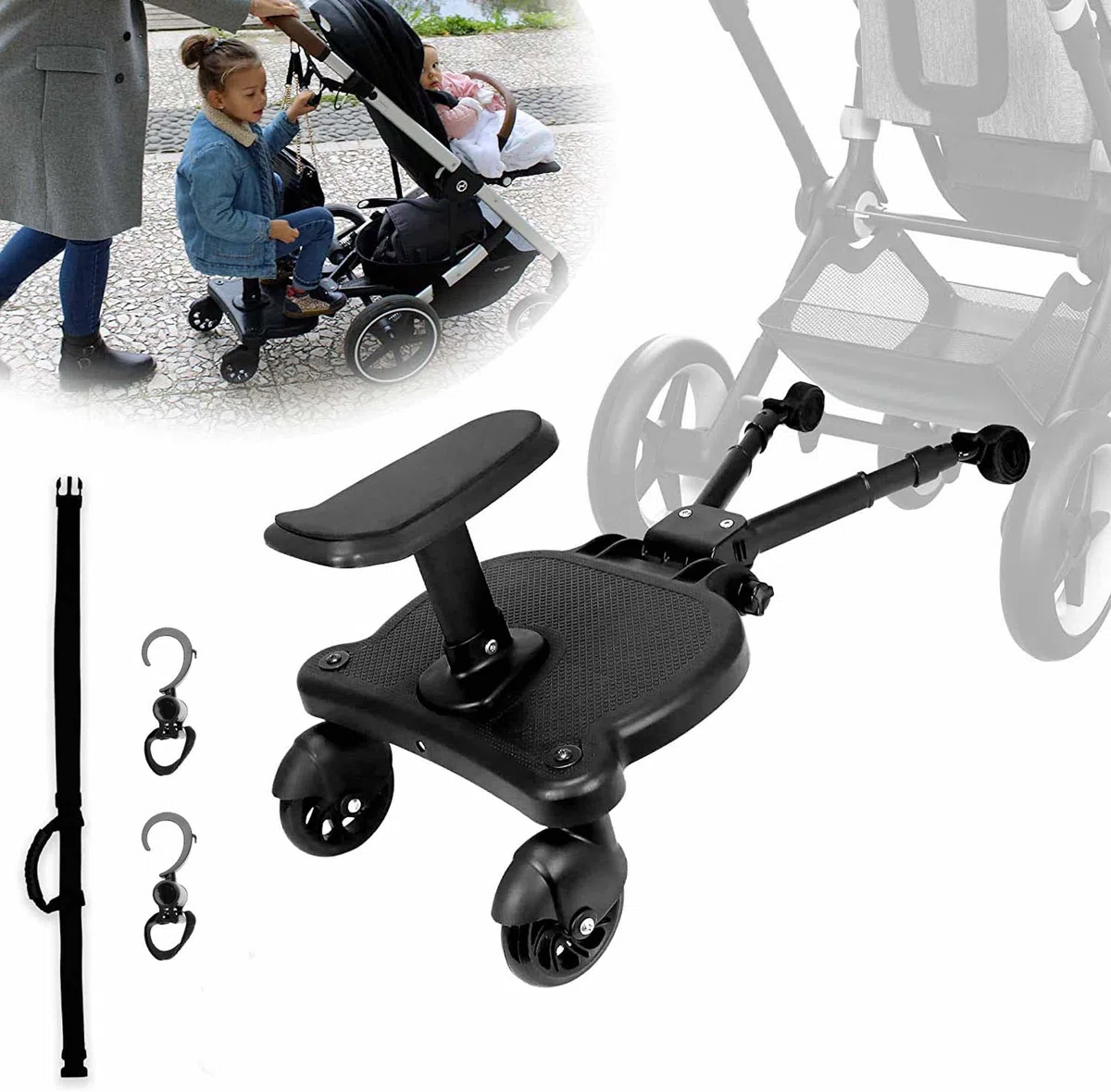 HELLO HIPPO® Pedana universale per passeggino passeggino con sedile - Accessorio per passeggino - Adattatore per passeggino doppio Tavola per buggy Pratica e compatta -