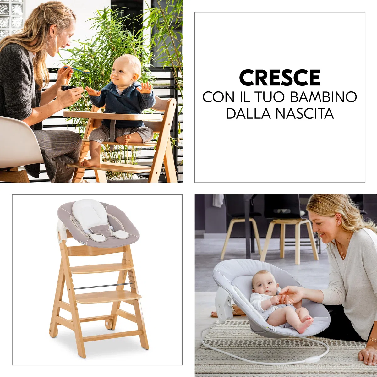 hauck Sediolone Pappa Alpha Move Newborn Set - Seggiolone Pappa Legno Evolutivo Da 0 Mesi con Sdraietta Dondolo Neonati, Cuscino e Vassoio - Legno, Beige