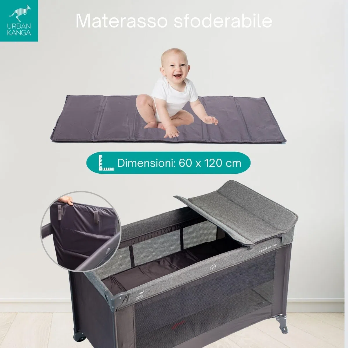 Urban Kanga QK Plus Lettino de Campeggio Neonato con Fasciatoio (QK Plus, Grigio)