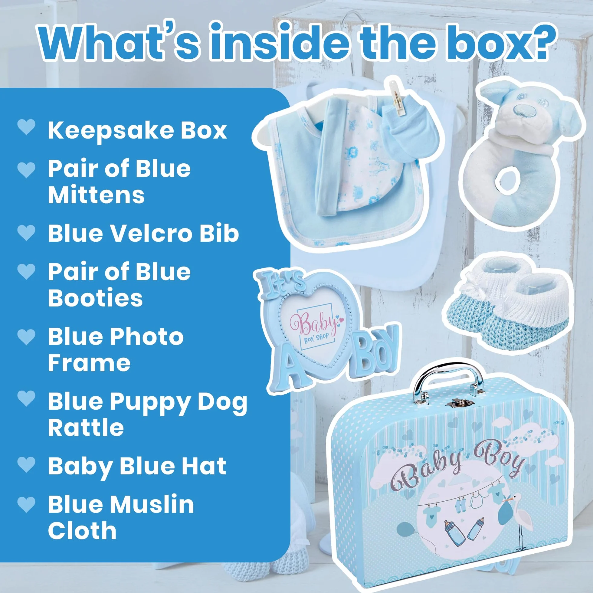 Baby Box Shop Cofanetto nascita per bambino con regali per bambini, con sonaglio per bambini, cornice portafoto in chiffon, bavaglino paio di calzini e guanti