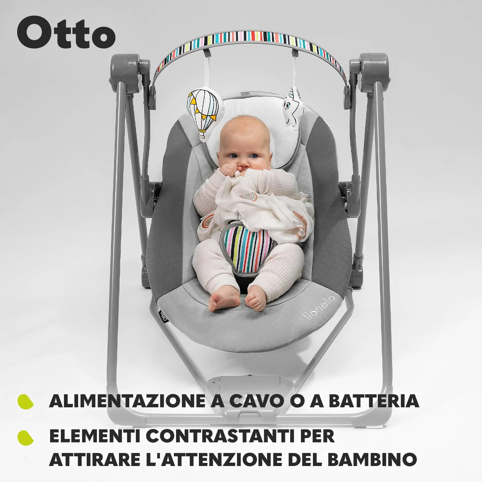 lionelo Otto Dondolo per Neonato e Bambini fino a 9kg Sdraietta con Giocattoli 5 Velocità Suoni Rilassanti Della Natura Altalena Portatile e Pieghevole Cinture a 5-punti Cavo di USB, Grigio