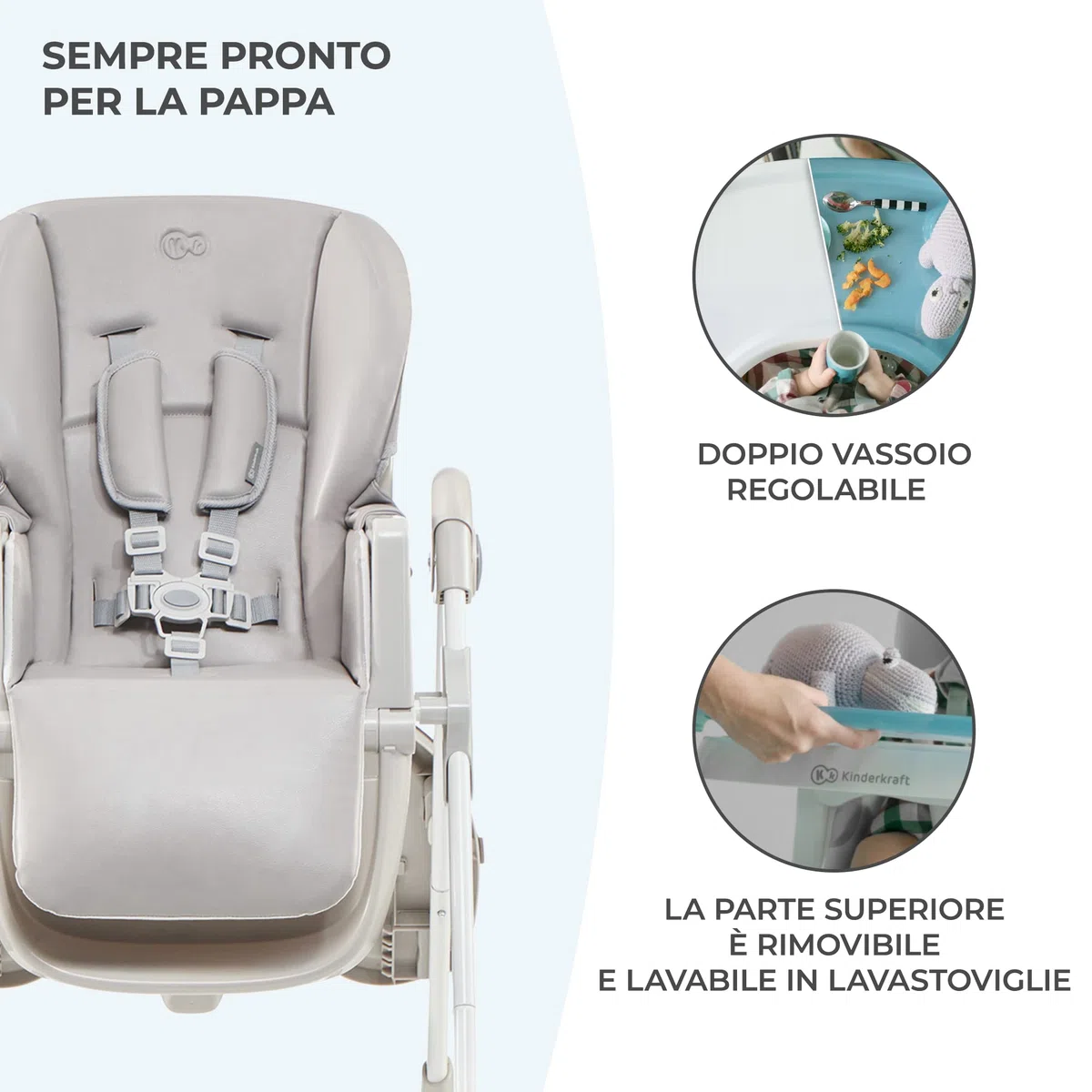 Kinderkraft YUMMY Seggiolone Pappa, Regolabile, Pieghevole, Ripiano Smontabile, per Bambini da 6 Mesi fino a 3 Anni, Grigio