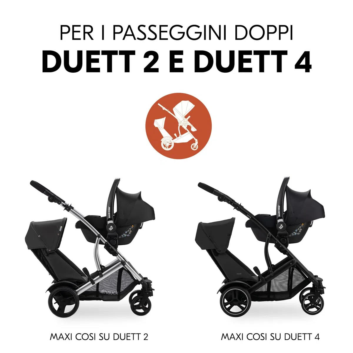 hauck Adattatori Seggiolini Auto Compatibili con Passeggino Gemellare Duett 2 e Duett 4 e Ovetti Selezionati di Maxi Cosi Cybex Joie Kinderkraft (Non Compatibili con Tutti i Modelli) - 1 Coppia, Nero