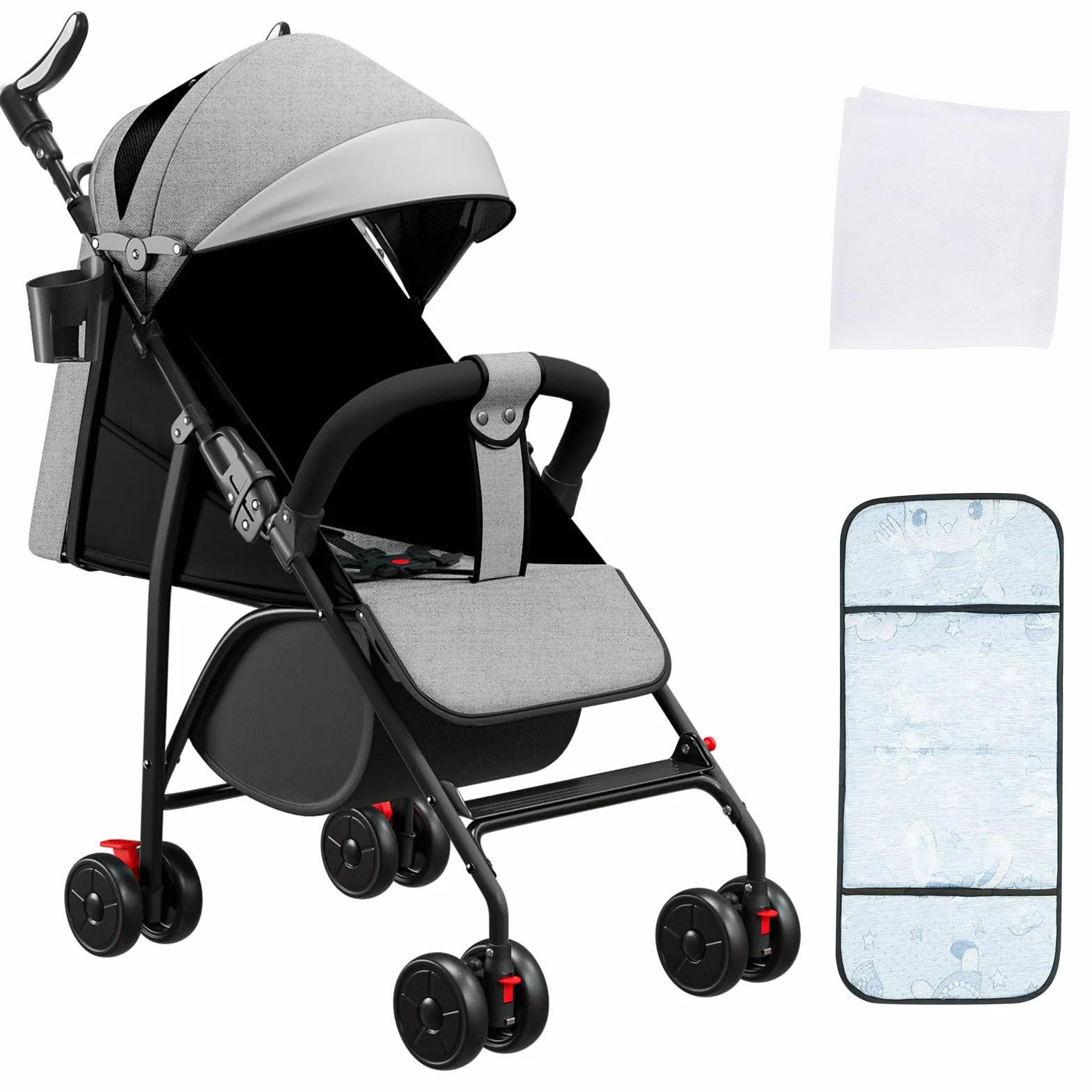 OHMG Passeggino Canne, Passeggino compatto 0-4 anni, leggero e maneggevole, pieghevole con una mano, schienale reclinabile, imbracatura a 5 punti, passeggino leggero con baldacchino e zanzariera