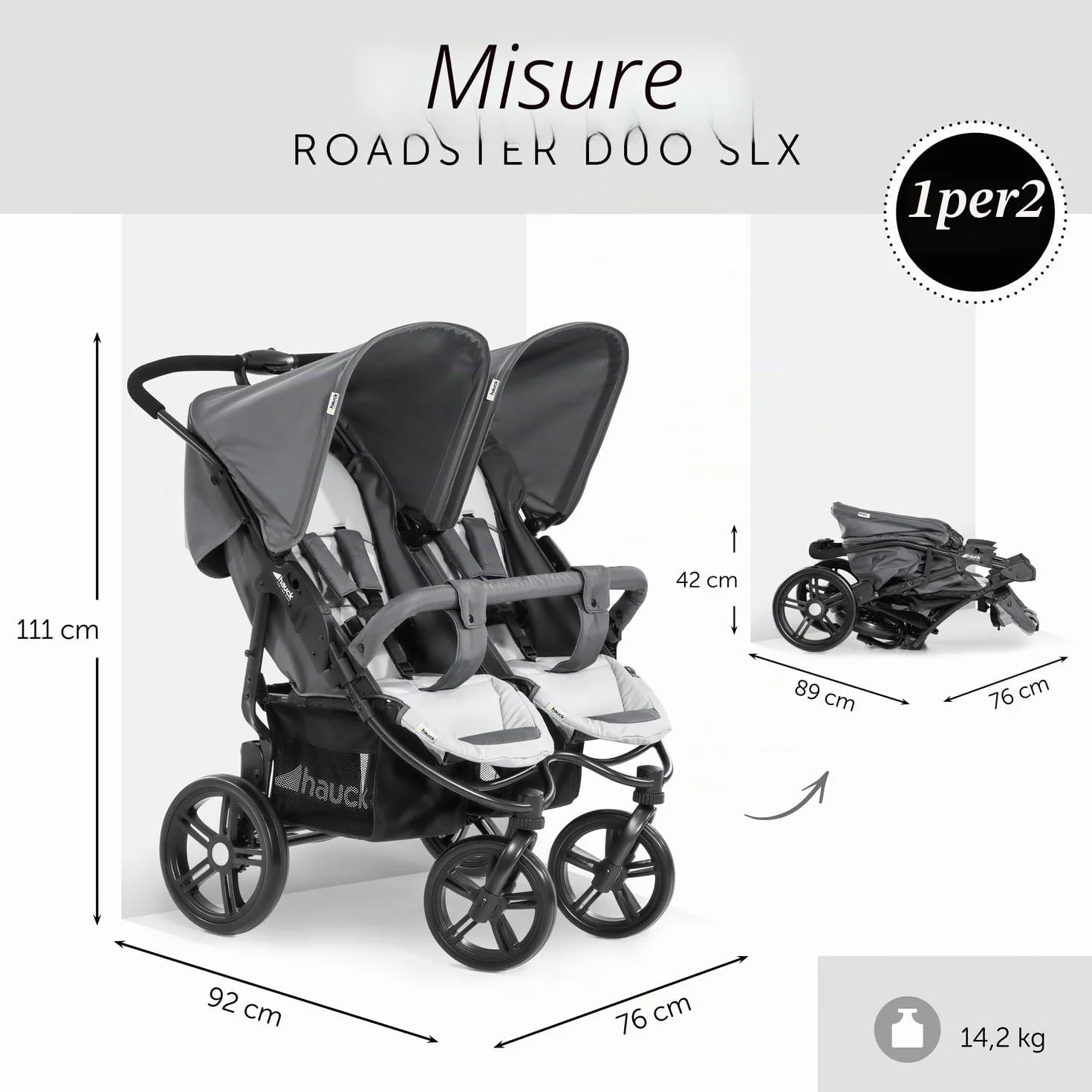Hauck Roadster Duo SLX Passeggino Gemellare Doppio Dalla Nascita Fino a 30 kg Compatibile con Navicella Morbida 2in1 Pieghevole Compatto Grigio Argento