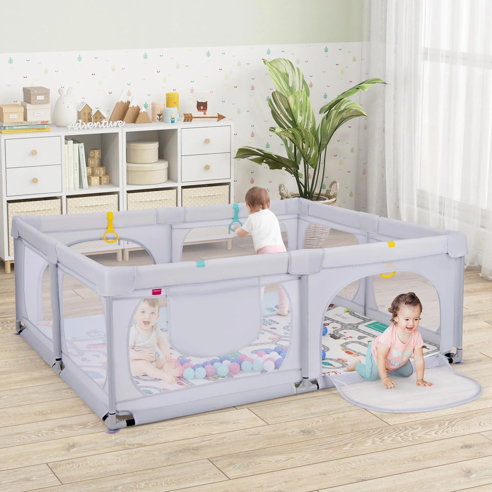 COSTWAY Box per Bambini con Materassino, Recinto per Bambini con 4 Anelli e 50 Palline Colorate, Rete Traspirante, Tasca e Borsa, Box Giochi per Bambino 0-3 Anni (Grigio Chiaro, 189 x 158 cm)
