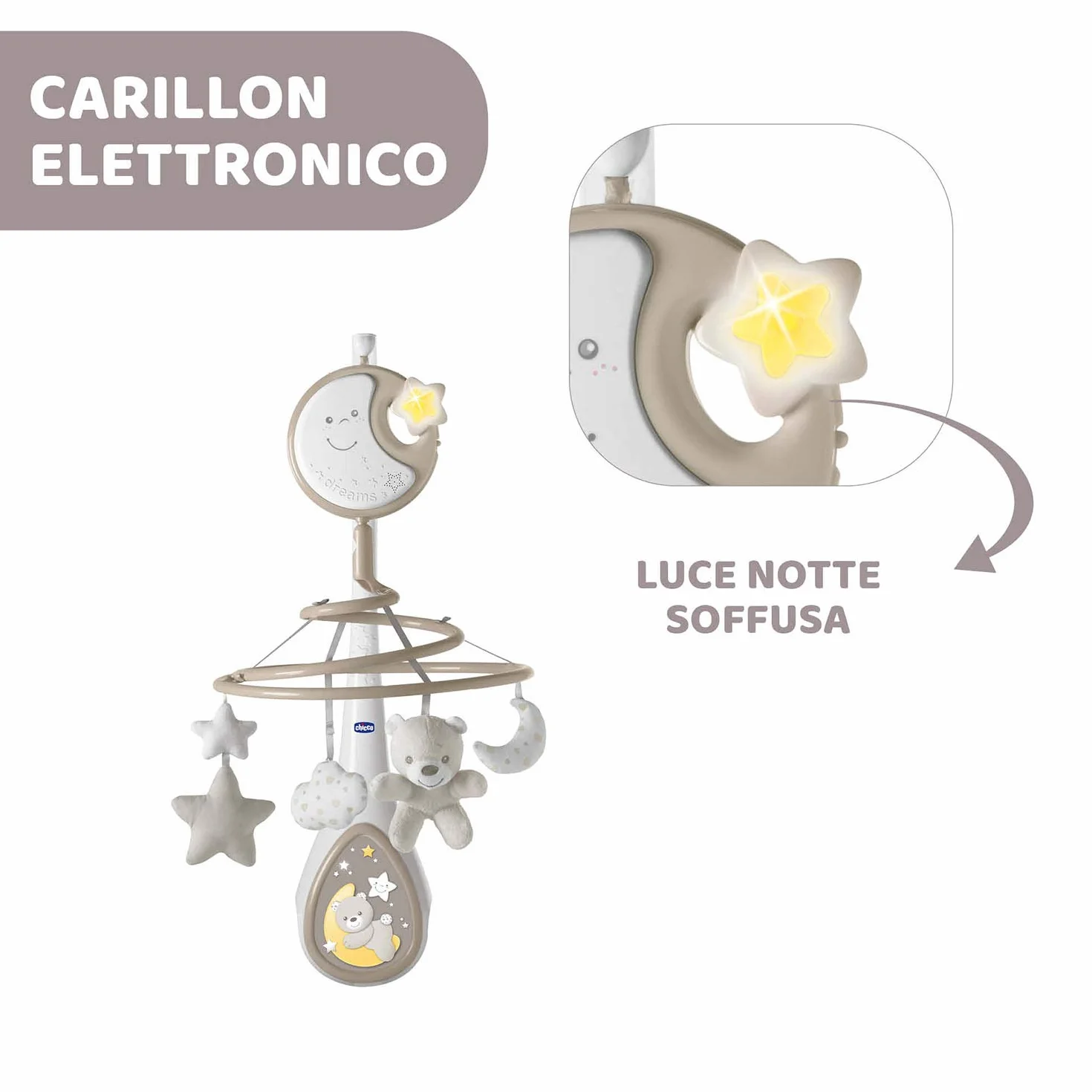 Chicco Next2Dreams Giostrina Neonato 3in1 z Carillon Elettronico dla Culla i Łóżeczka, Kompatybilna z Chicco Next2Me, Efekty Dźwiękowe, Projektor Światła, Muzyka 0+ Miesięcy