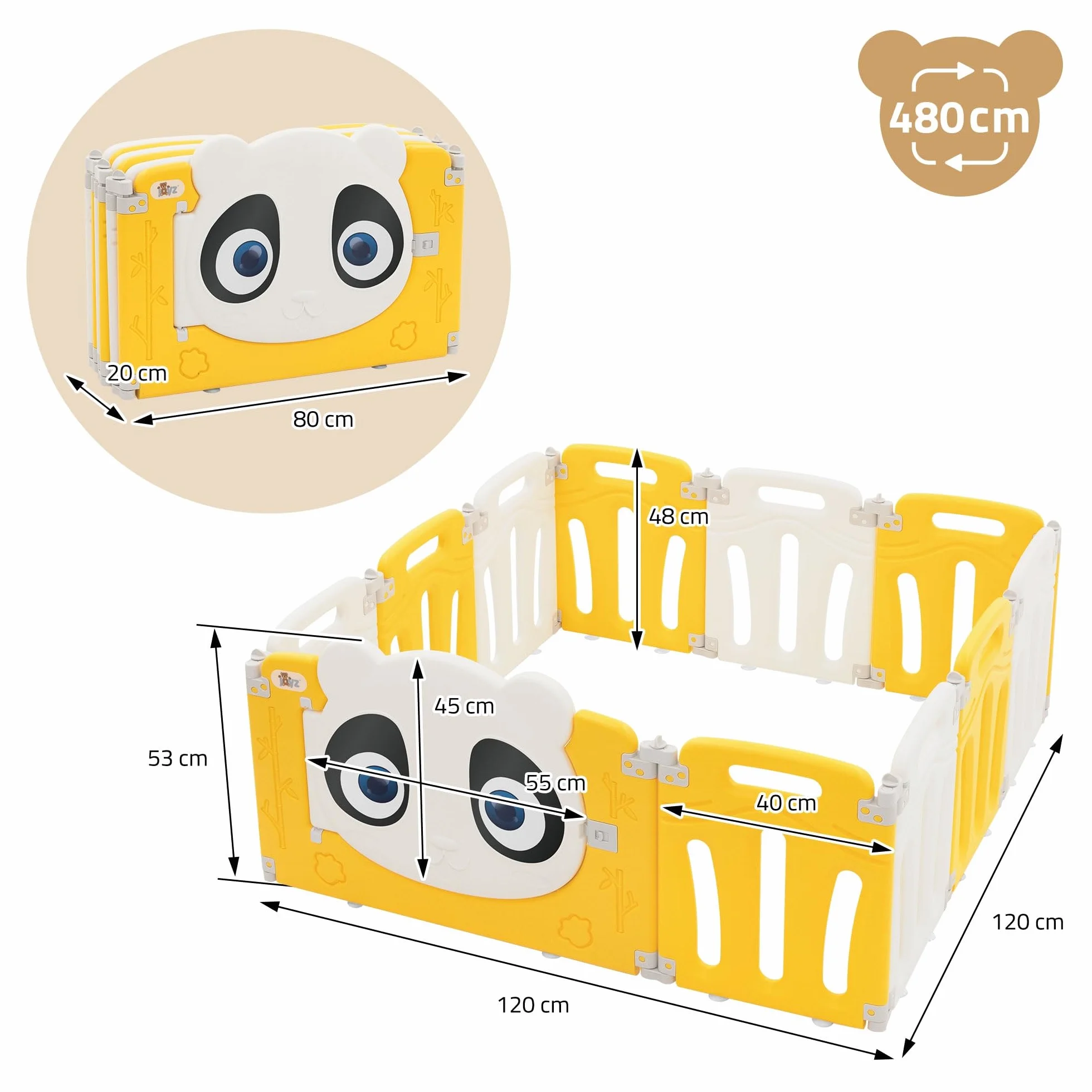 Joyz Box Bambini 120x120 cm Pieghevole Design Panda Bianco/Giallo Cancelletto con Porta e Orologio Didattico Recinto in Plastica per Interni/Esterni Cancelletto per l’Esplorazione dei Neonati