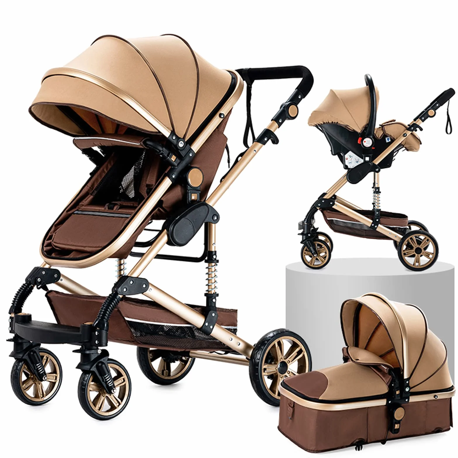 Passeggino Trio 3 in 1 Magic ZC Carrozzina Neonati Portatile Pieghevole Un Clic Spinta Reversibile beige