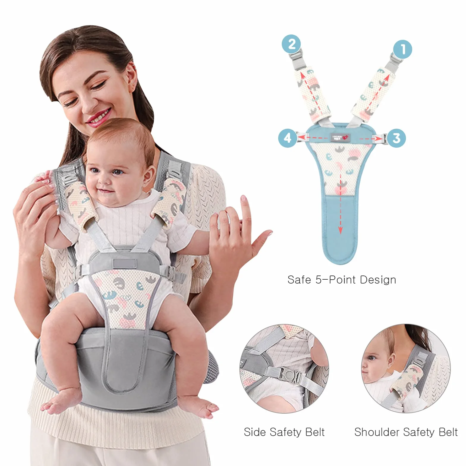SONARIN Traspirante Semplice Hipseat Marsupio,Marsupio Neonati con Sedile Multifunzionale Portantina Ergonomico Porta Bambino Fascia Porta Bebè per Neonati Bambini 0-36 Mesi(Grigio)
