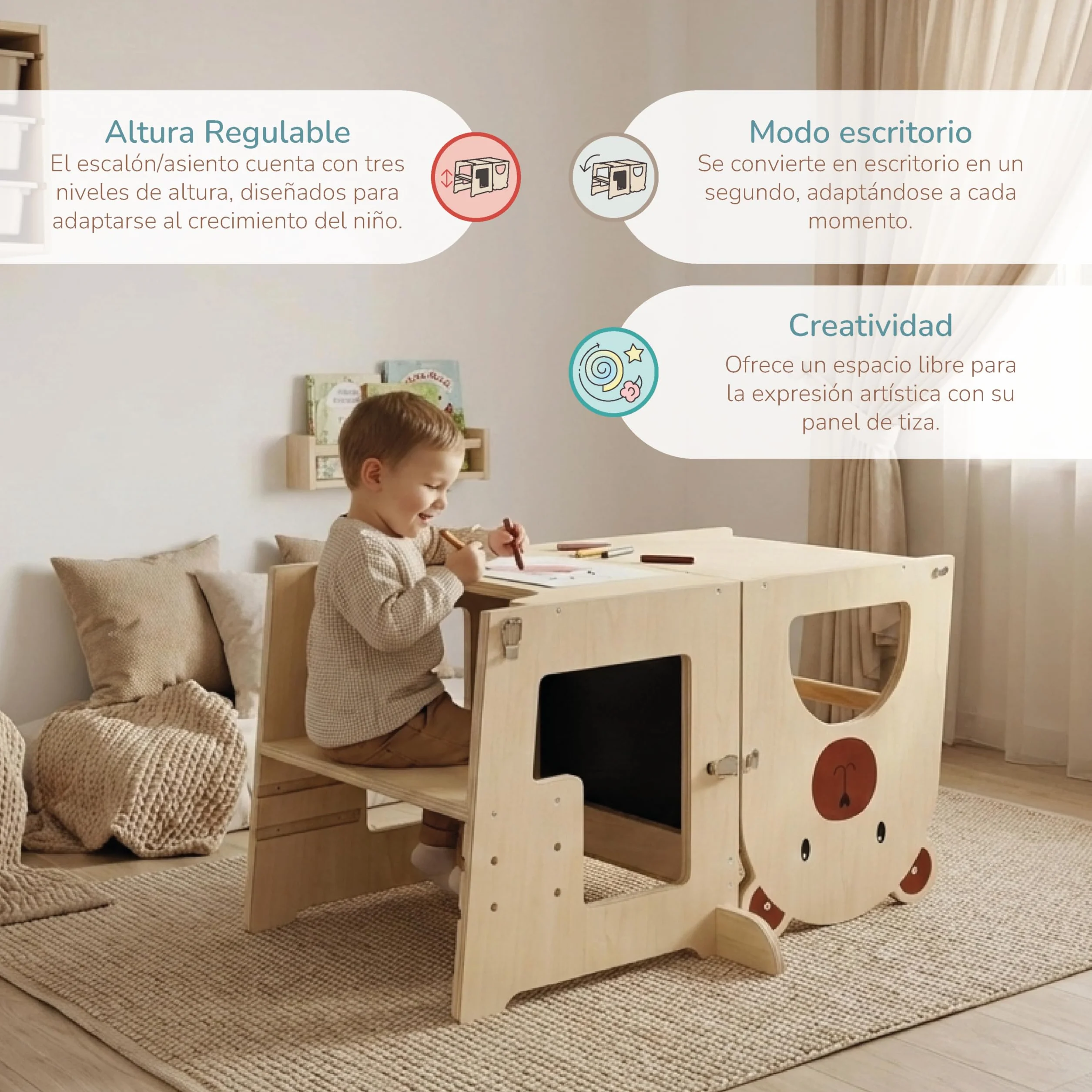 Buddy Baby Xperimenta Torre di apprendimento Montessoriana in legno trasformabile in scrivania e sgabello pieghevole per cucina con barra di sicurezza