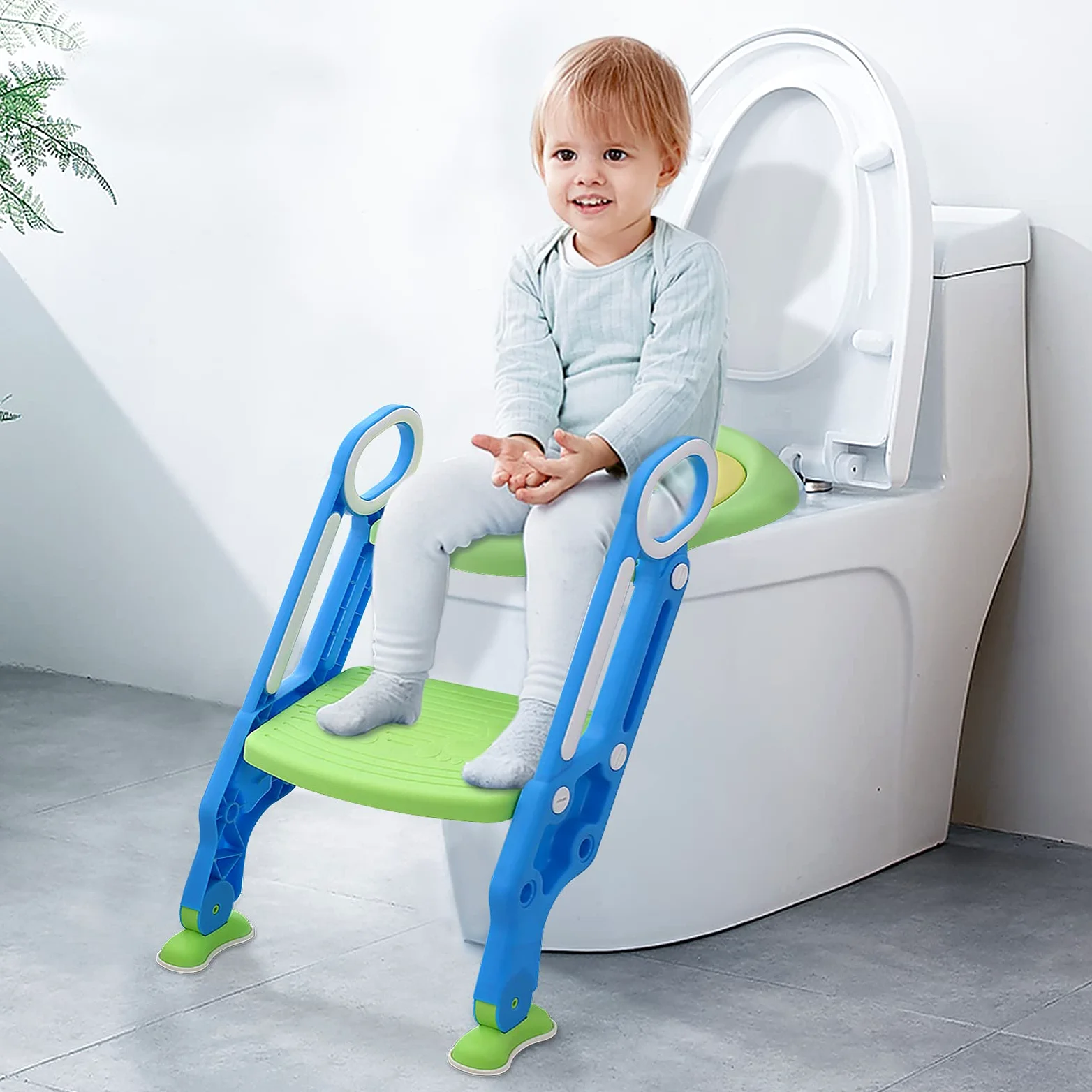 NAIZY Sedia da WC per Bambini con Scala Pieghevole, Regolabile in Altezza, Cuscino Imbottito in PU e Maniglie, Adatta a Bambini da 1 a 7 Anni, Blu e Verde