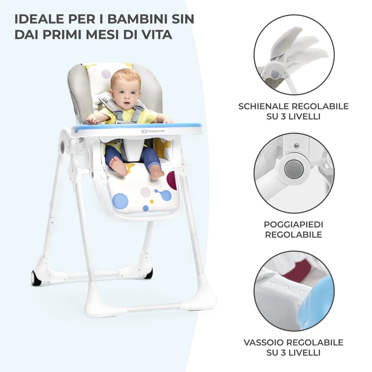 Kinderkraft YUMMY Seggiolone Pappa, Regolabile, Pieghevole, Ripiano Smontabile, per Bambini da 6 Mesi fino a 3 Anni, Grigio