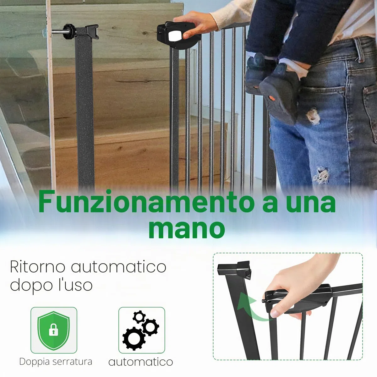 UISEBRT Griglia di protezione per scale senza foratura, per bambini, 105-115 cm di larghezza, chiusura automatica, apertura con una sola mano, in metallo, colore nero