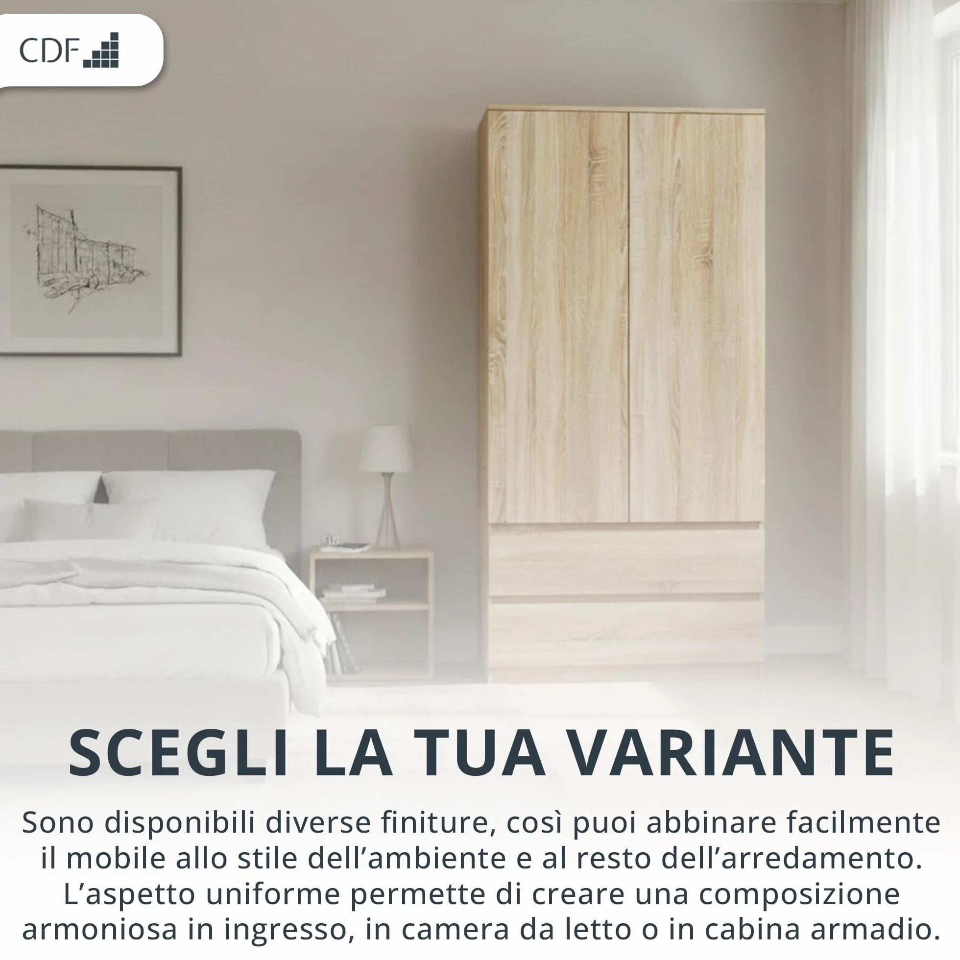 CDF Armadio Camera da Letto 90 cm 2 Ante 2 Cassetti Rovere Sonoma
