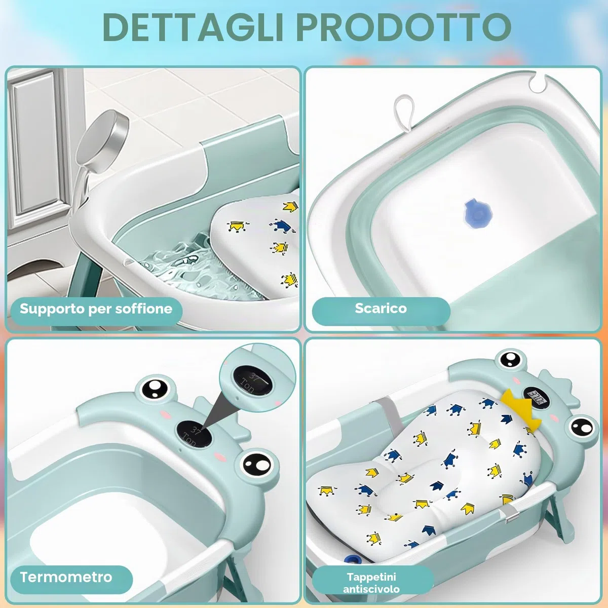 Vaschetta Bagnetto Neonato Pieghevole, Vasca Neonato Bagnetto con Termometro E Cuscino Staccabile, Bagnetto Neonato per Portatile, Vasca da Bagno per Neonato A Bambino 0-36 Mesi (Verde)