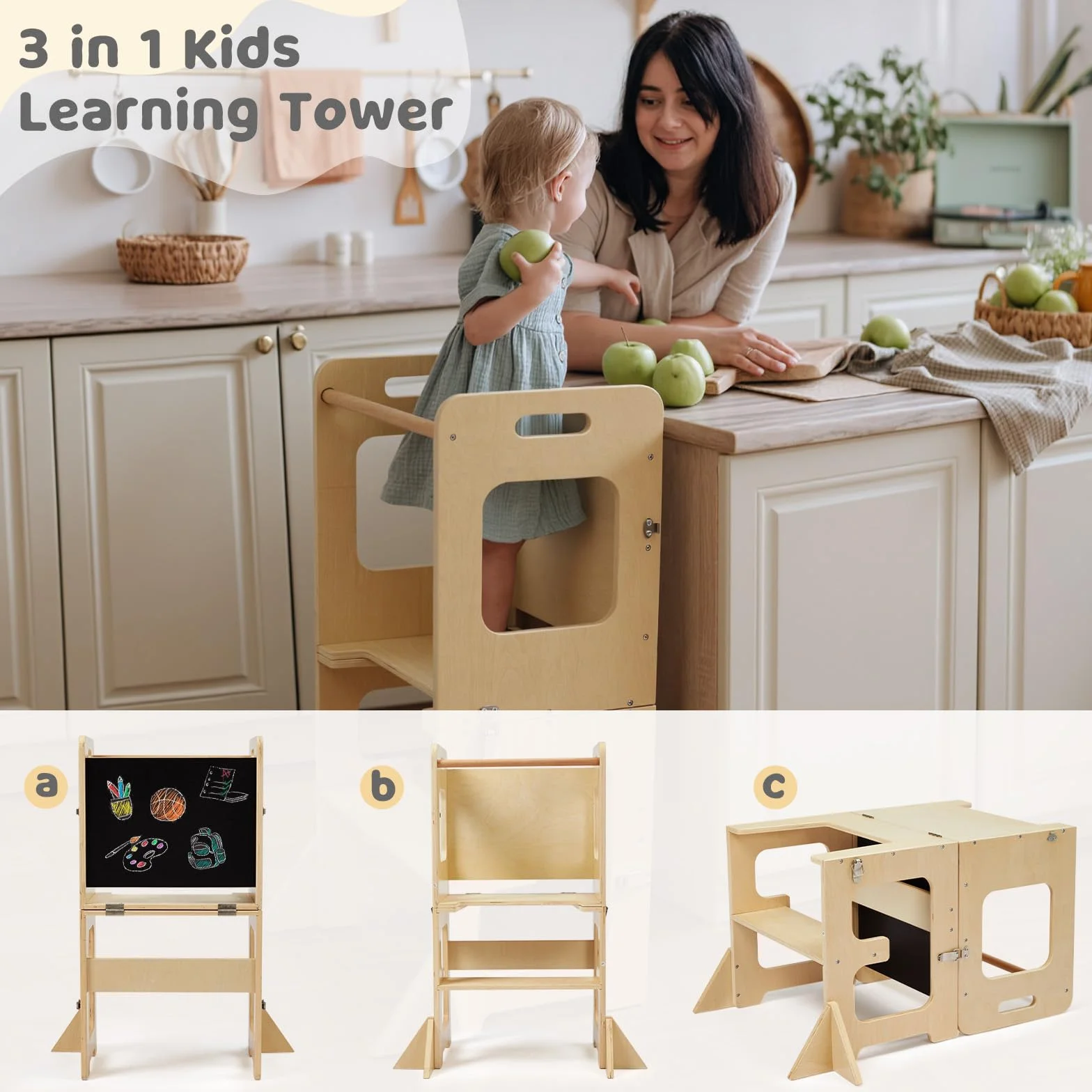 Labebe Montessori Torre per bambini 3 in 1 pieghevole didattica Scala Sgabello con lavagna Legno torretta utensili da cucina 18 mesi