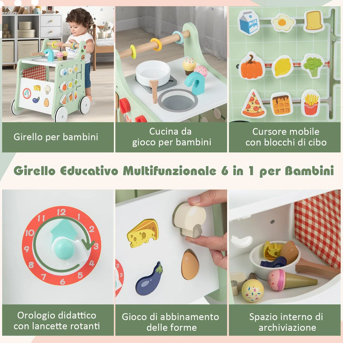 COSTWAY Carrello Primi Passi in Legno per Bambini, Centro Attività Montessori con Giacattoli, Gioco Educativo con Ruote, Girello per Bambini 12 Mesi +, 31 x 34,5 x 42 cm (Verde)