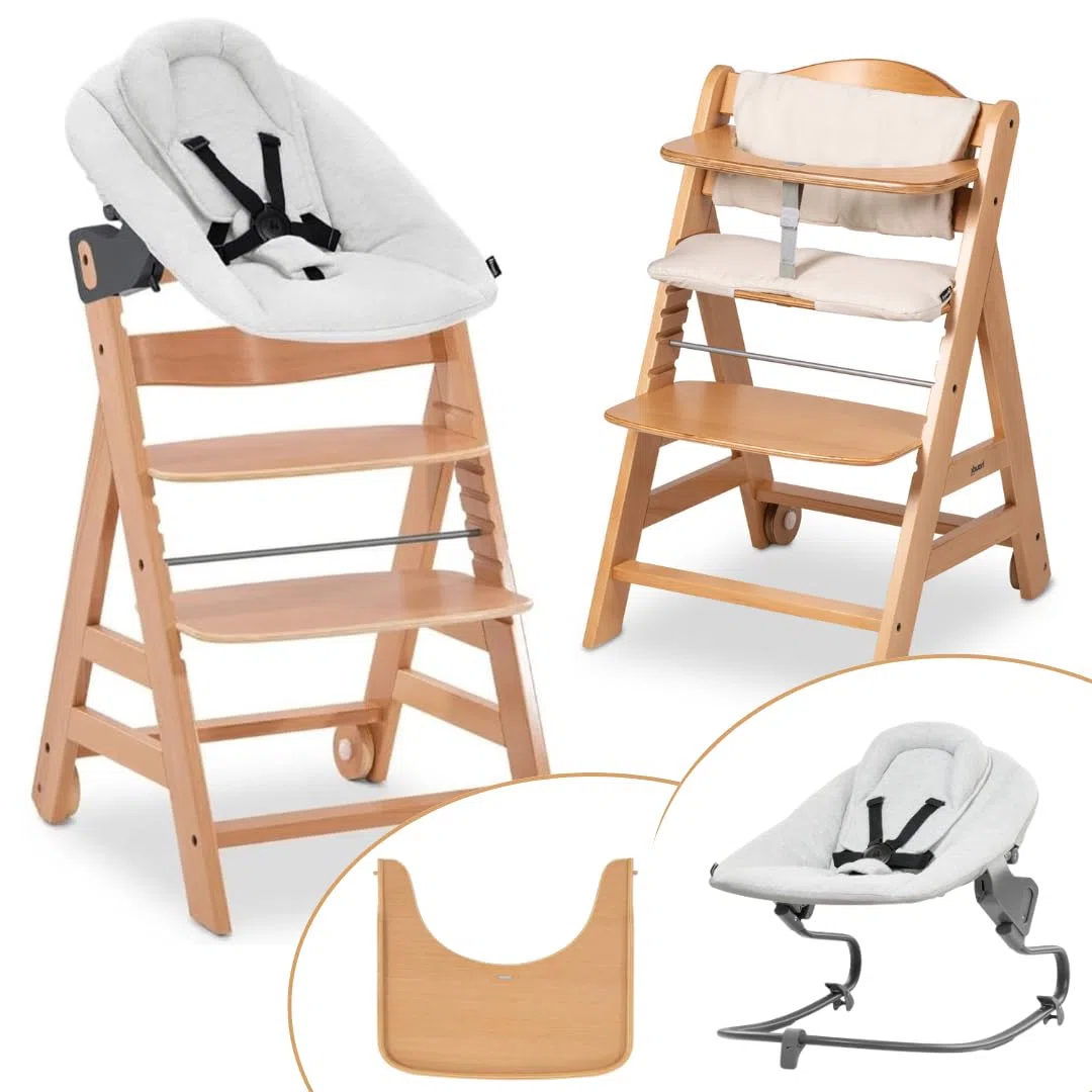 hauck Seggiolone Beta+ Newborn Set Premium da 0 Mesi - Seggiolone Legno Evolutivo, con Sdraietta Neonati (Dondolo Neonati), Cuscino Seduta, Vassoio - (Sdraietta: Grigio chiaro, Naturale)