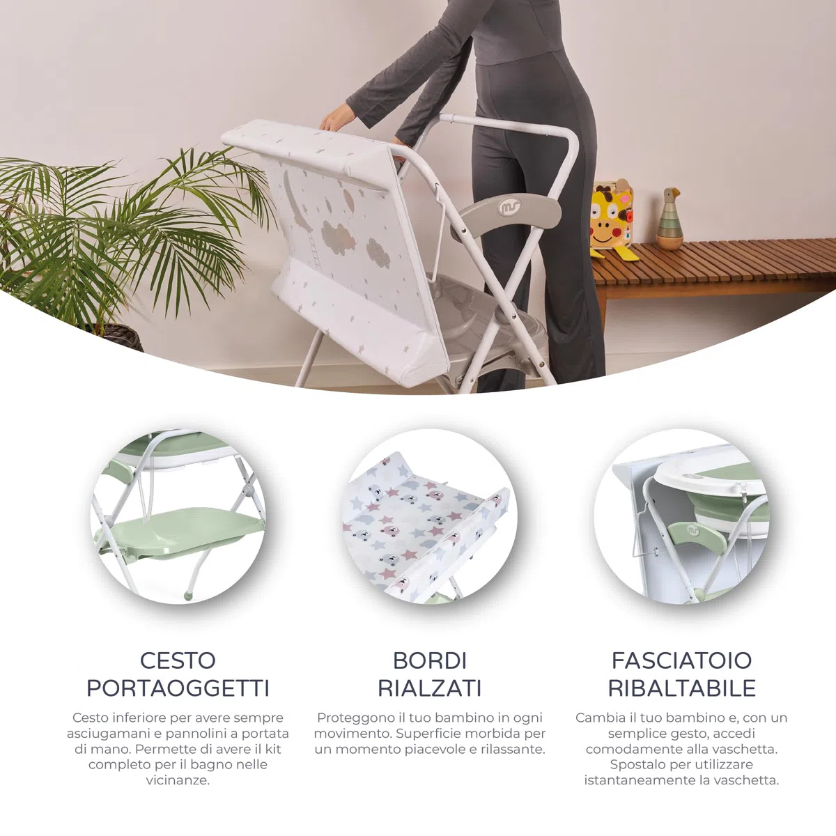 Ms BabyWorld ZOE Vasca da bagno con gambe, fasciatoio, cuscino riduttore e cestino portaoggetti, comodo, facile da riporre, con tappo e gambe antiscivolo, vasca da bagno pieghevole e portatile (Verde)