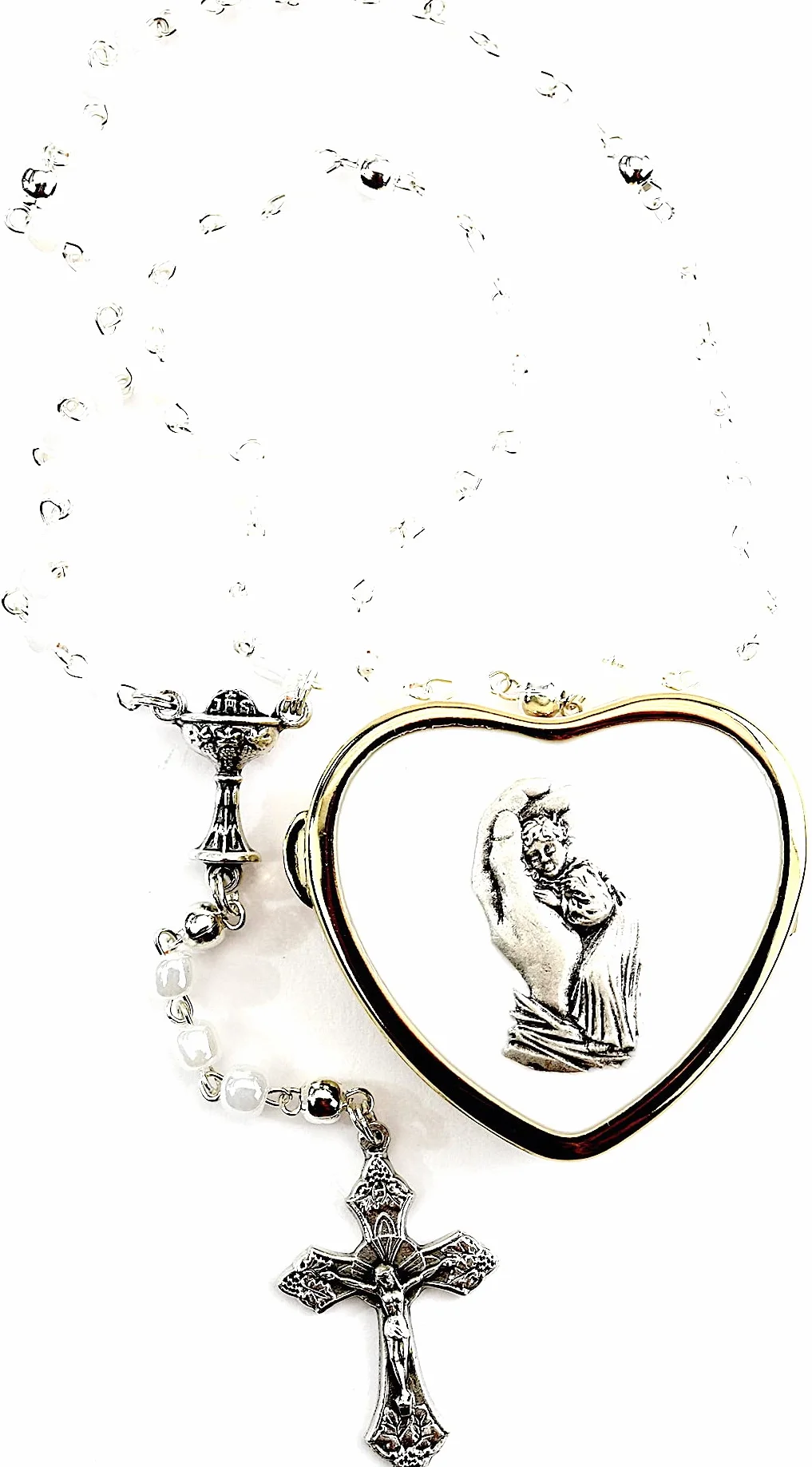 MaMeMi Rosario Prima Comunione con Perline Bianche e Croce – Calice Argento in Scatolina a Cuore Dorata con Angelo – Regalo Bambini