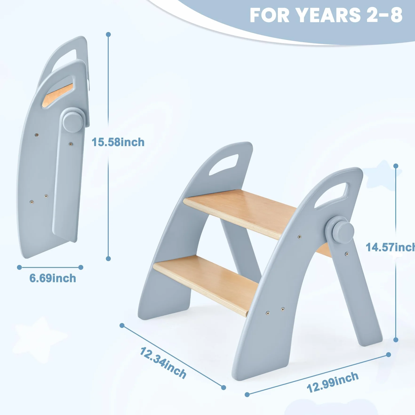 Sgabello di Legno per Bambini 2 Gradini Pieghevole, Capacità 130 kg con Tappetino Antiscivolo e Maniglie, Blu