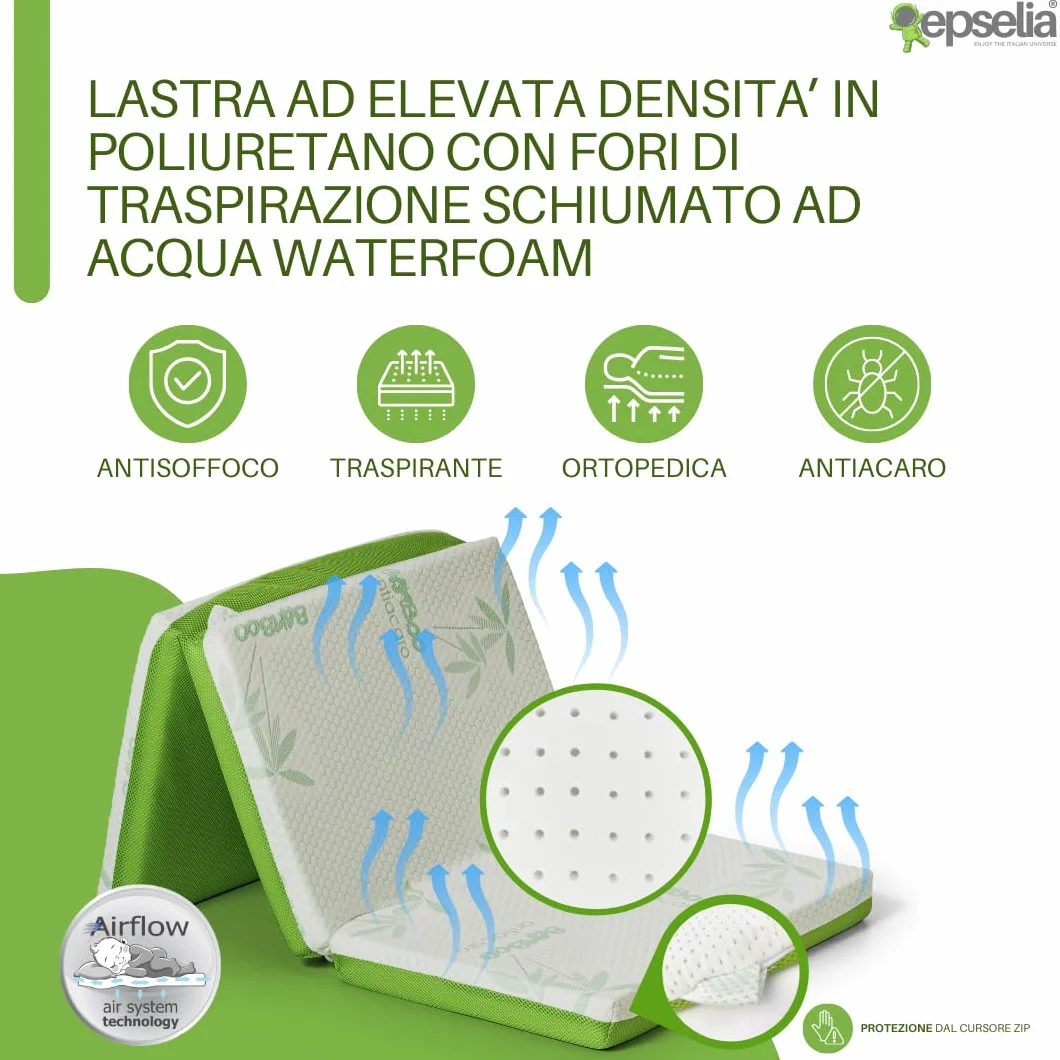 EPSELIA Materasso Lettino per Bambini Pieghevole BAMBU' BIO con Borsa per Viaggio o Campeggio, cm 60x120 H6 Certificato Antisoffoco EN16890:2017 Poliuretano con Fori CertiPUR™ OEKO-TEX®