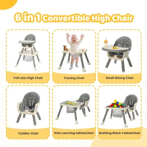 BONNLO Seggiolone Evolutivo per Bambini 7 IN 1, Imbottitura Confortevole, Doppio Vassoio, 6 Mesi-3 Anni 6-15 kg, Pieghevole Ultra Compatto, Leggero 4,9 kg, Grigio (Grigio)